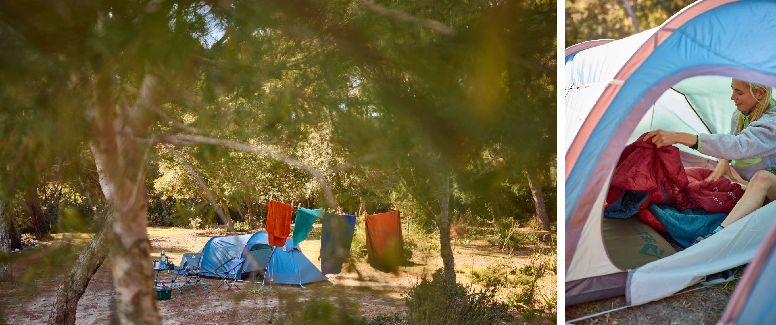 Twee beelden: blauwe tenten tussen bomen met waslijn; persoon ordent slaapzak in tent.