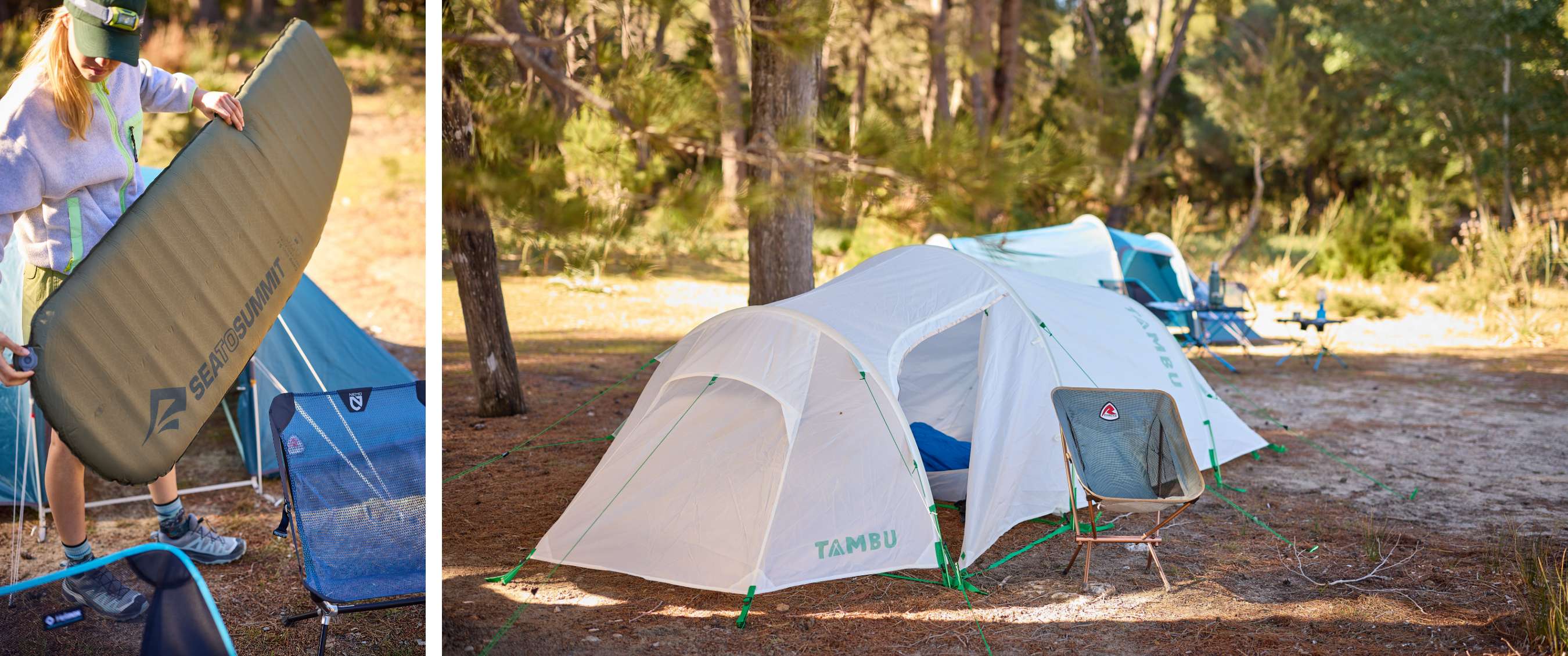 wee beelden: persoon blaast Sea to Summit-slaapmat op; witte TAMBU-tent op campingplek.