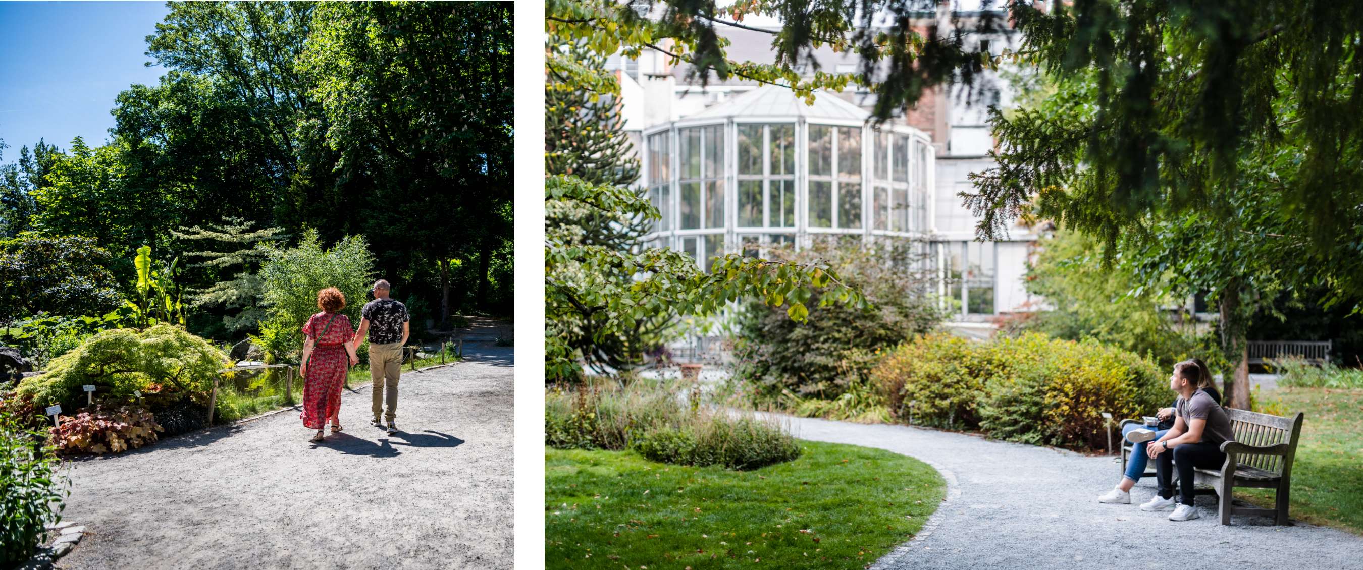 Twee beelden: Mensen lopen langs vijver in stadspark; bezoekers op bank met glazen serre op achtergrond.