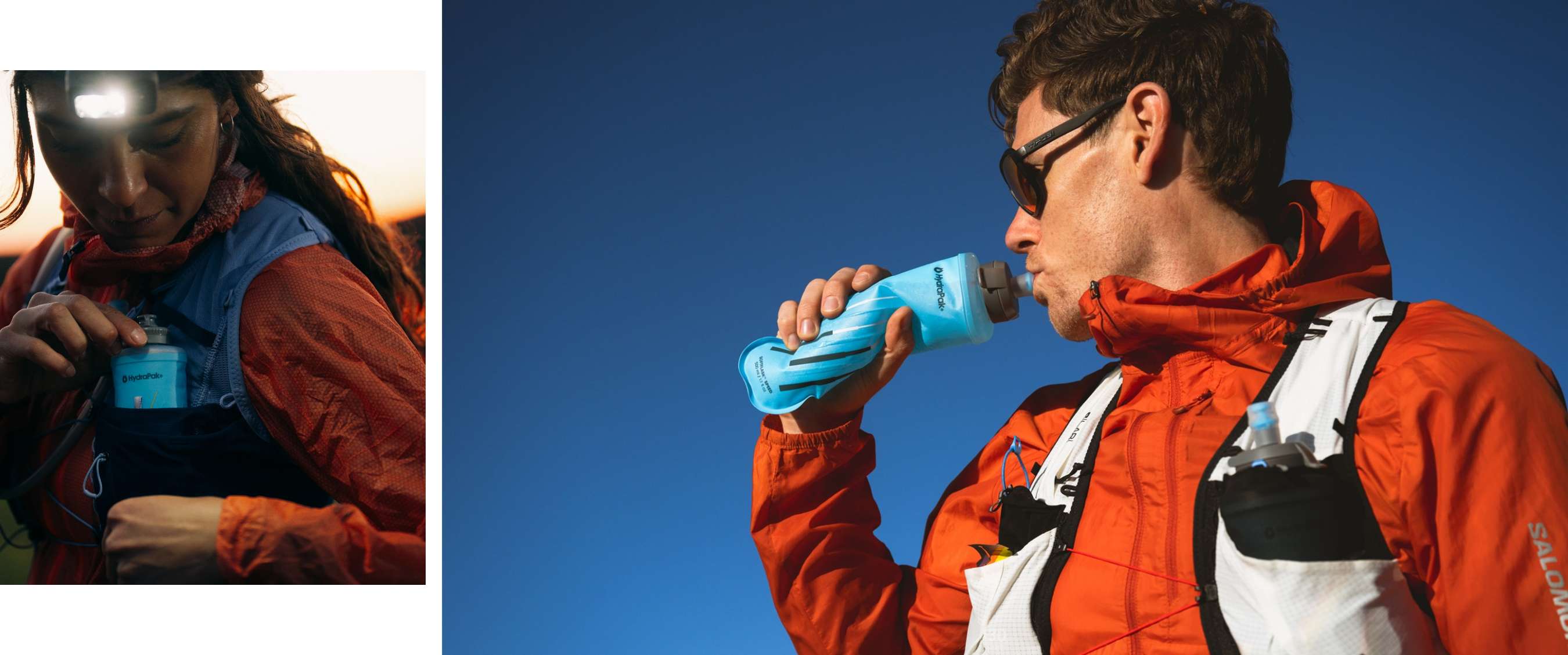 Twee beelden: persoon met hoofdlamp plaatst HydraPak-fles in vest en loper drinkt uit blauwe fles.
