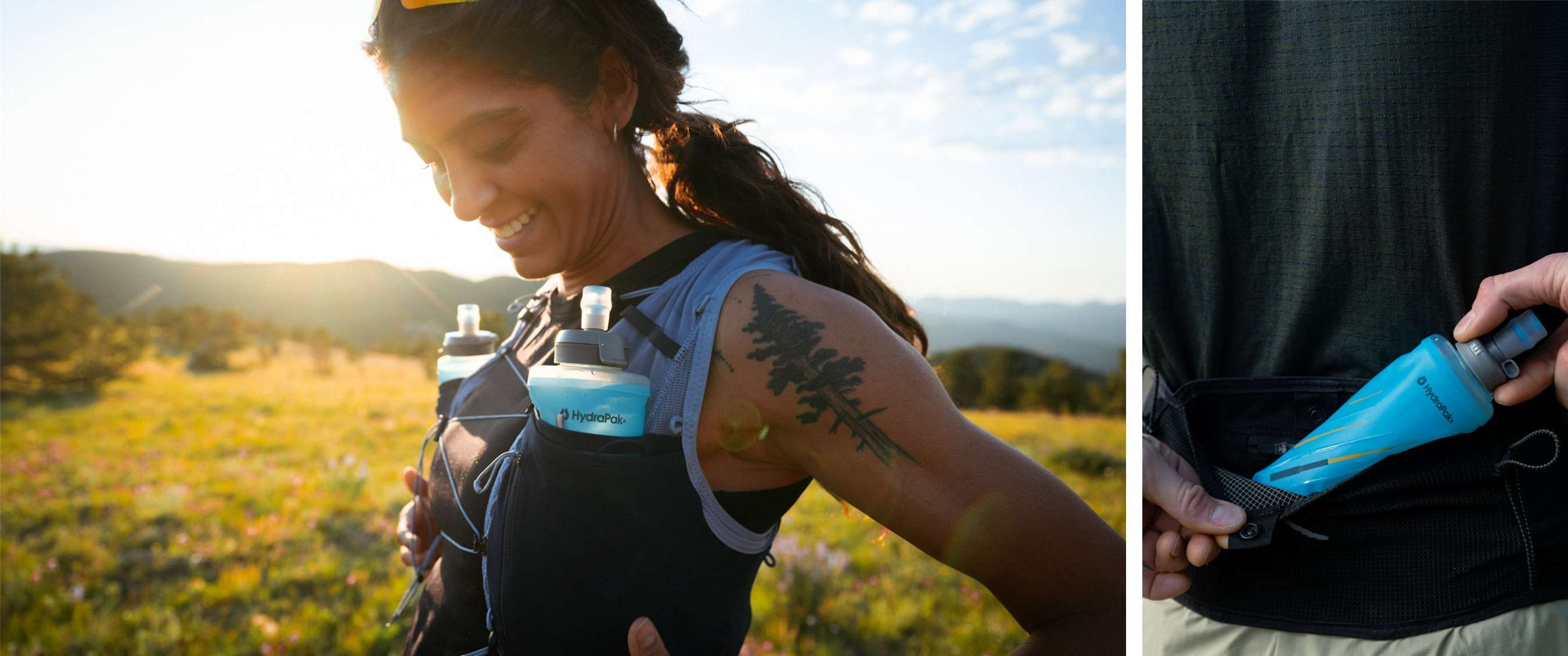 Twee beelden: loper met HydraPak-flessen in vest en hand plaatst blauwe fles in heuptas.