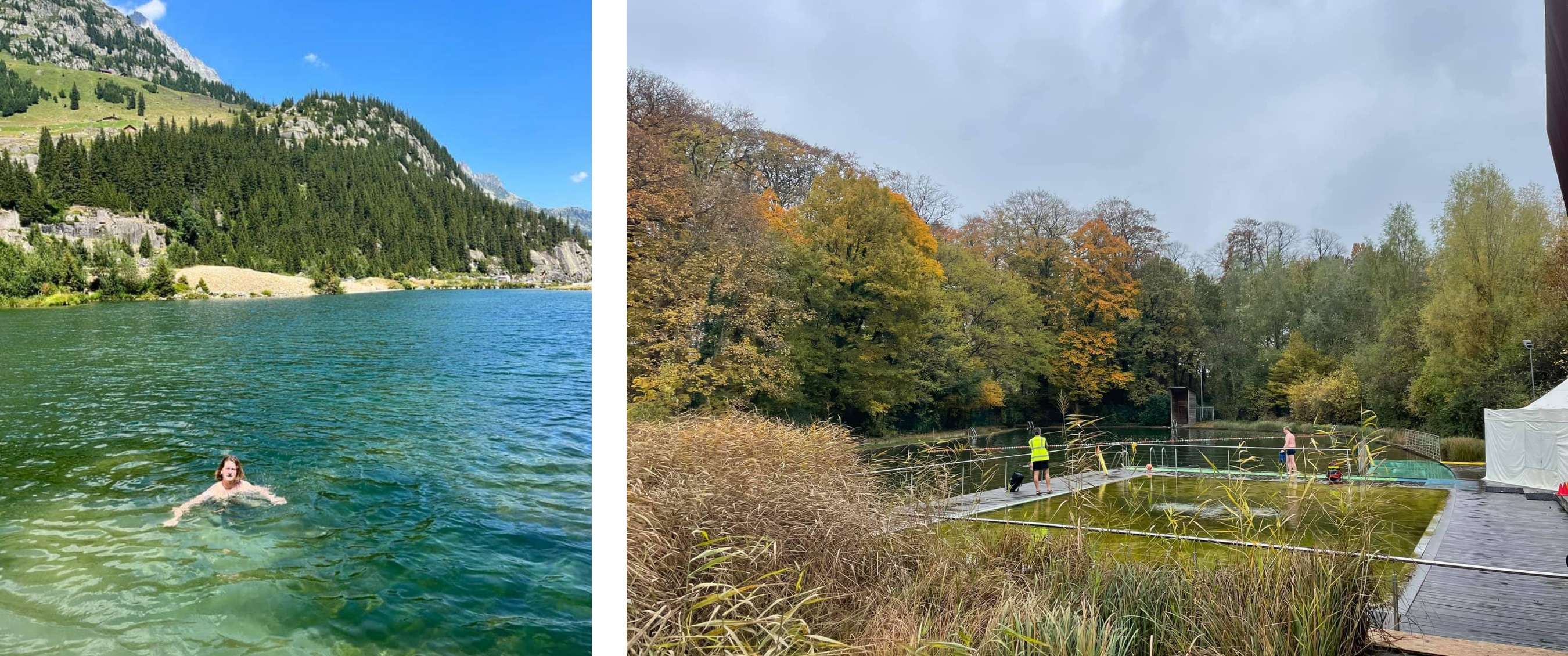 Twee beelden: een zwemmer in een helder bergmeer met dennenbossen en rotshellingen; een natuurlijke vijver met herfstbomen, een houten loopbrug en enkele personen langs het water.