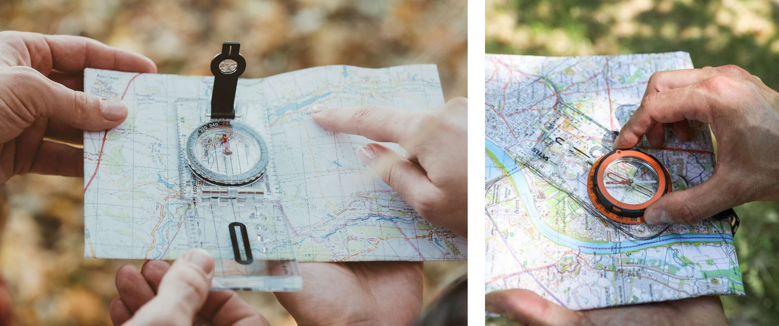 Twee beelden: handen houden een kaart met kompas vast; hand wijst met kompas op een stadskaart.
