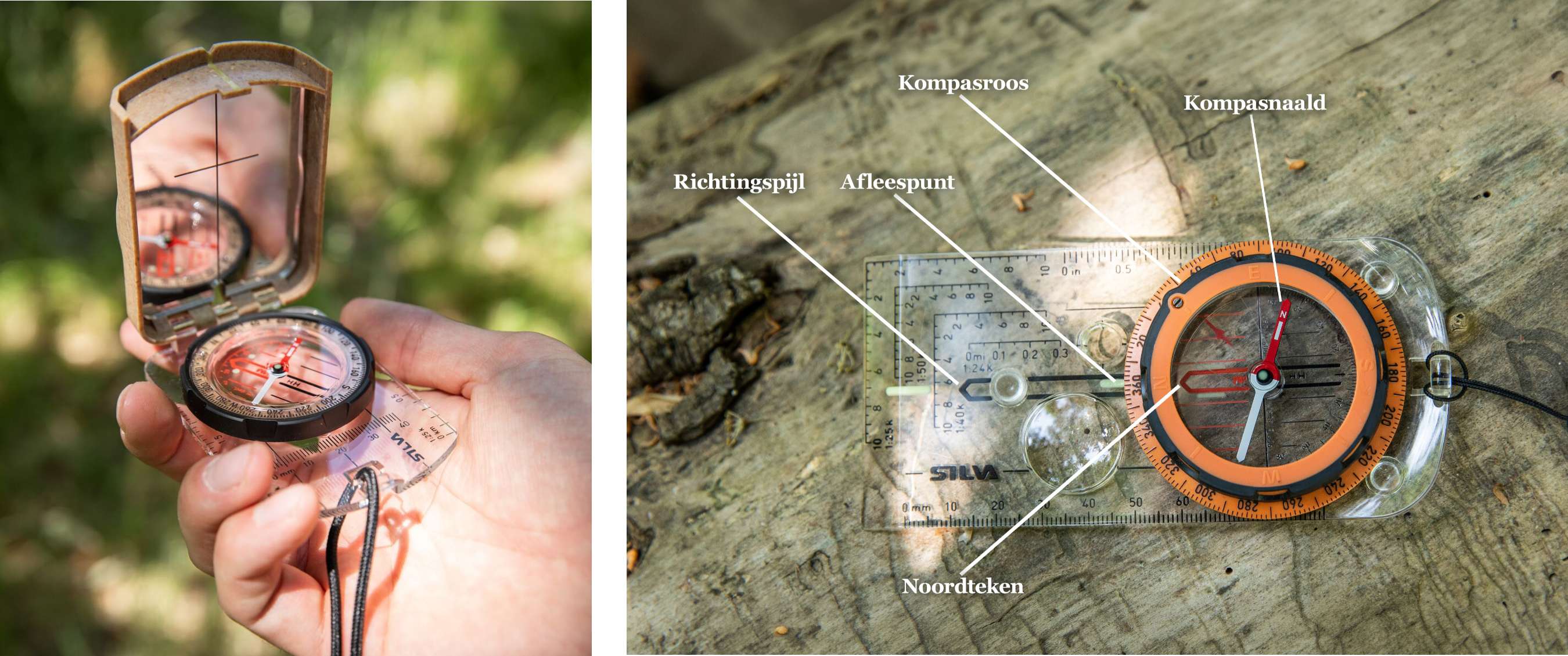Twee beelden: open kompas in een hand tegen een groene achtergrond; kompas wordt vastgehouden met bergen op de achtergrond.