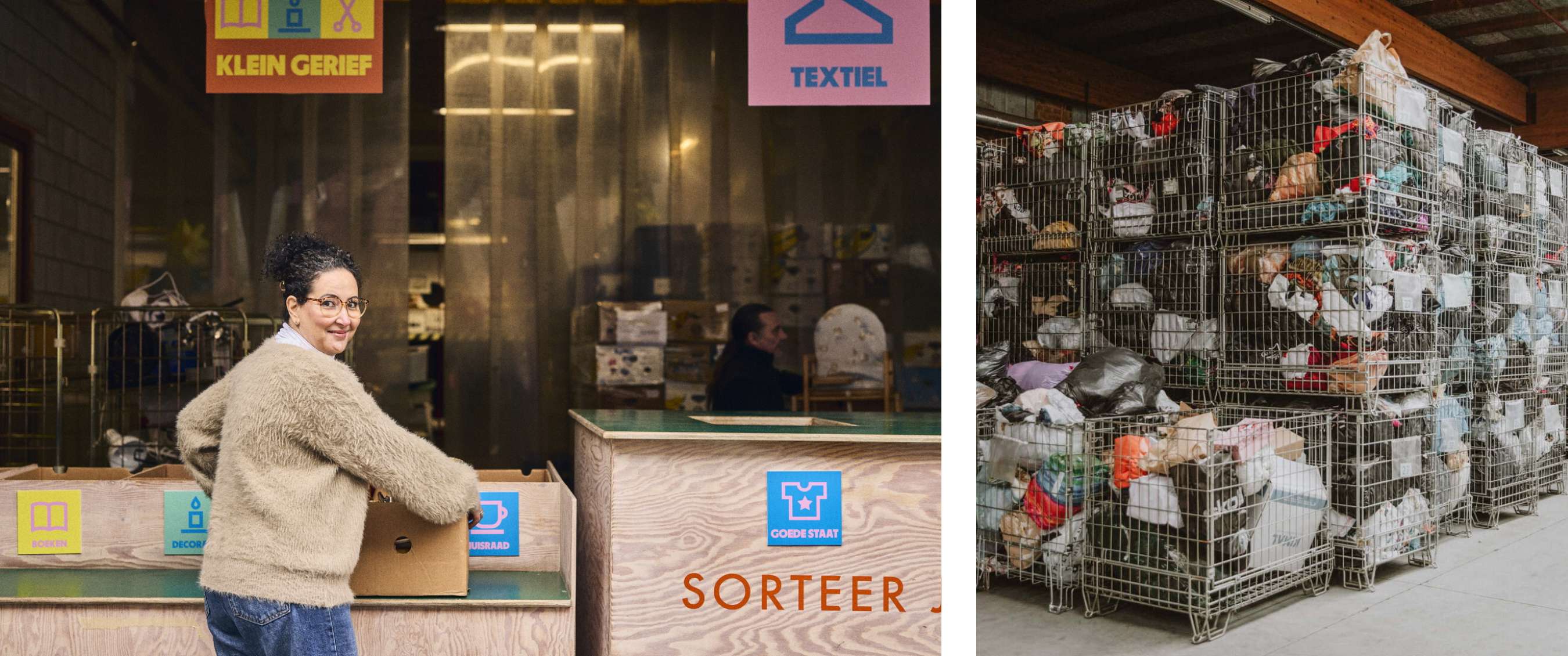 Twee beelden: Vrouw plaatst doos aan sorteerpunt met bord “KLEIN GERIEF” en “TEXTIEL”. Kooien met ingezamelde kledingzakken.