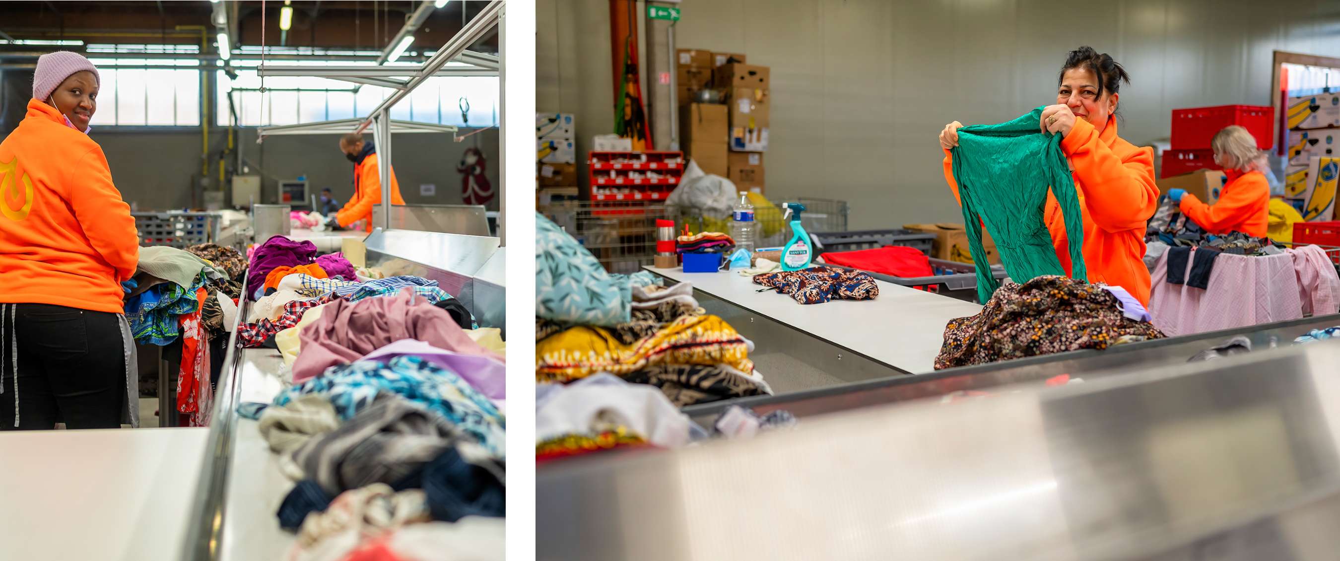 Twee beelden: Sorteerafdeling met ingezamelde kleding en personeel in werkruimte.
