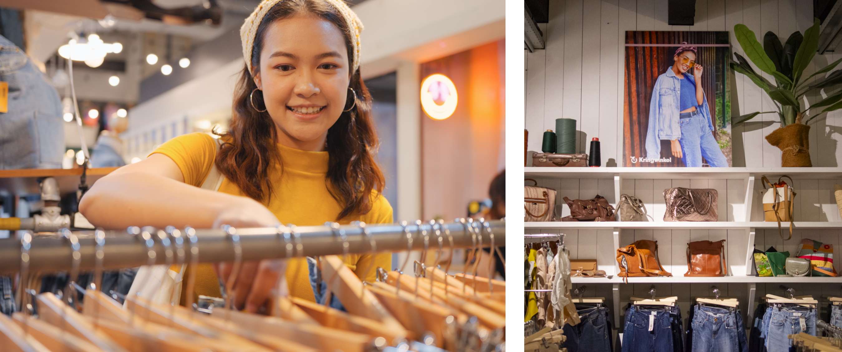 Twee beelden: Vrouw bekijkt kleding aan rek in kringwinkel. Wand met handtassen en jeans onder poster “Kringwinkel”.