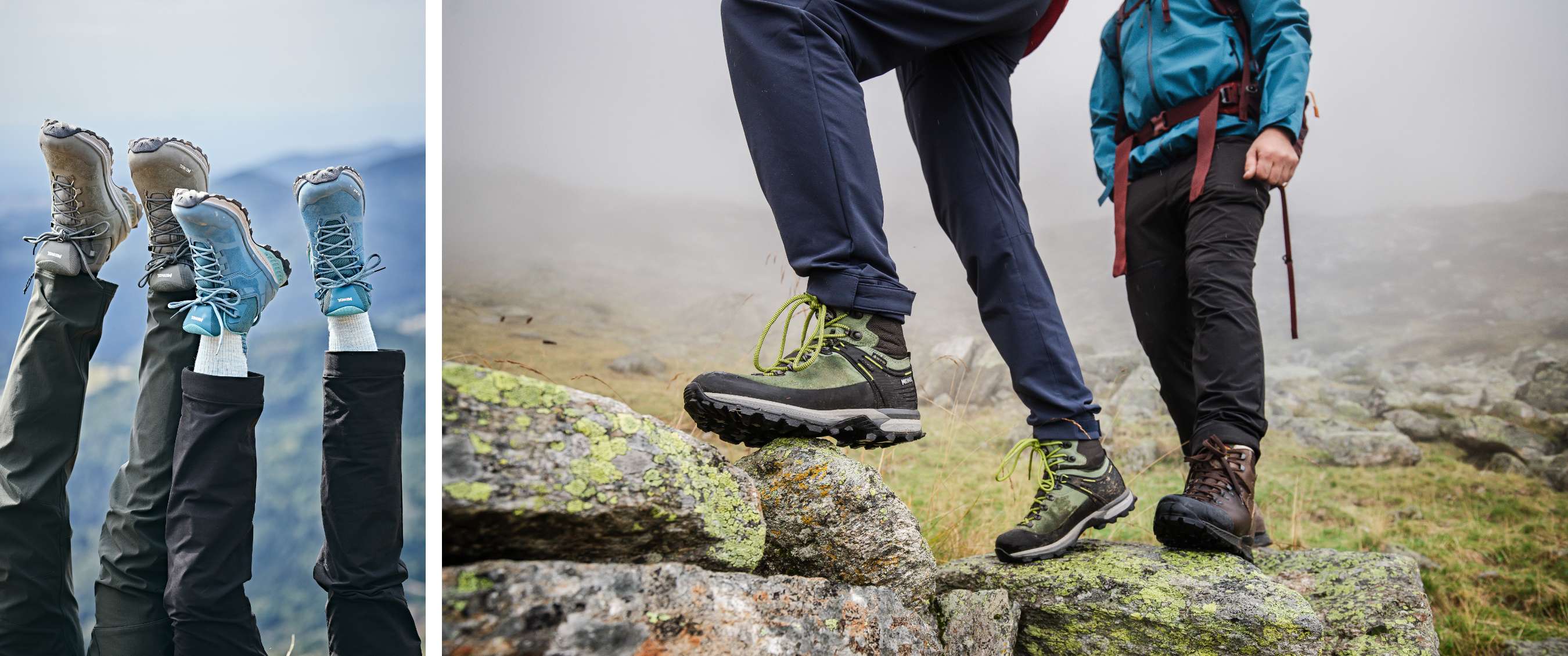 Een wandelaar met groene bergschoenen en felgroene veters stapt op een rots, gevolgd door een tweede wandelaar.