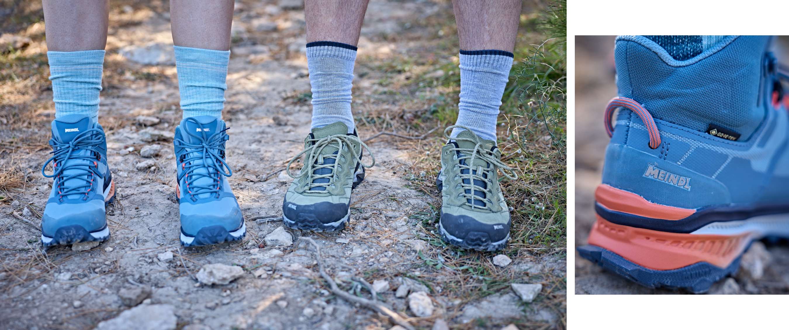 Twee wandelaars staan met blauwe en groene wandelschoenen op een pad met stenen en dennennaalden.