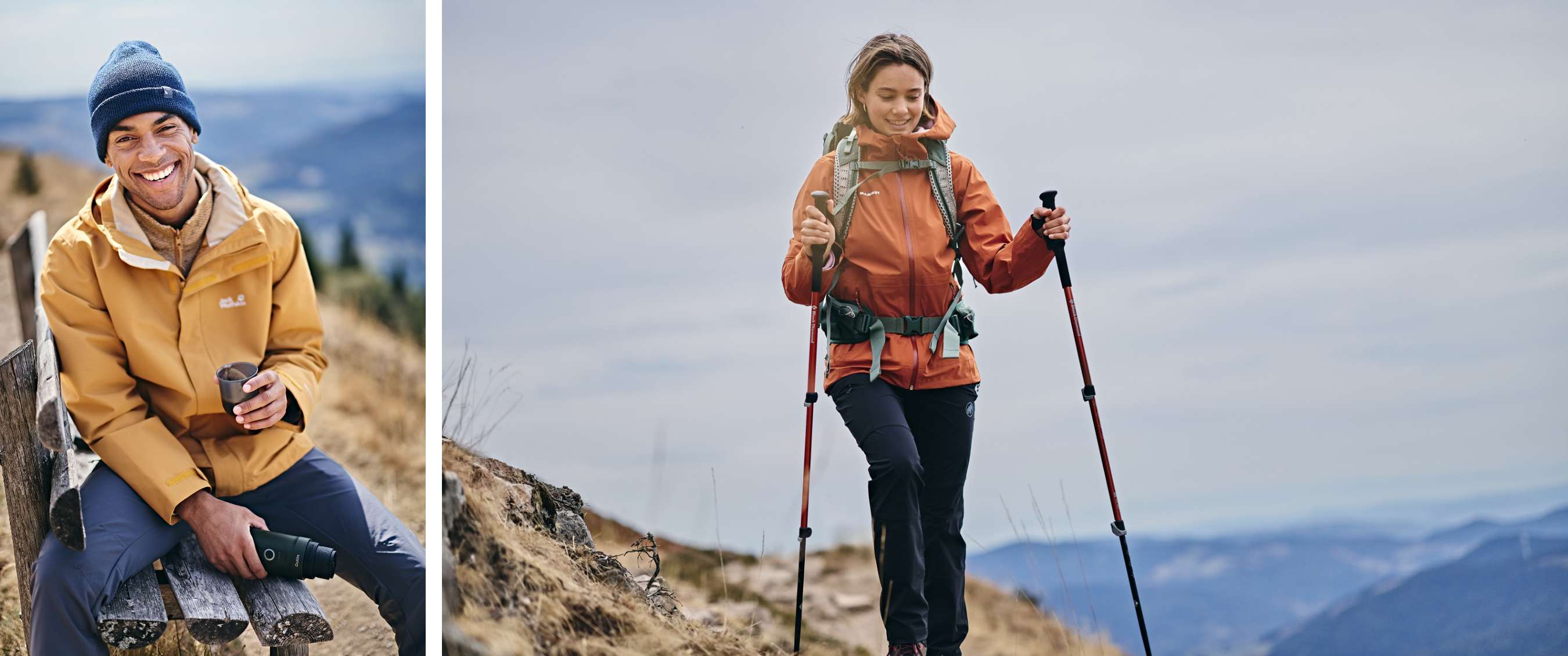 Een vrouw met rugzak en oranje regenjas stapt over een rotsachtig pad onder een bewolkte lucht.