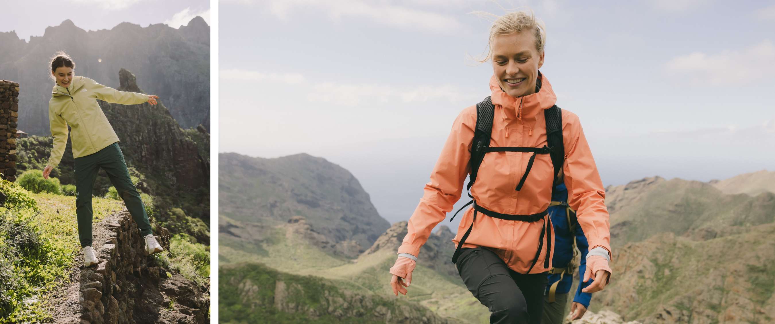 Twee beelden: mist trekt door een rotsachtig berglandschap; koe staat in een weide met bomen.