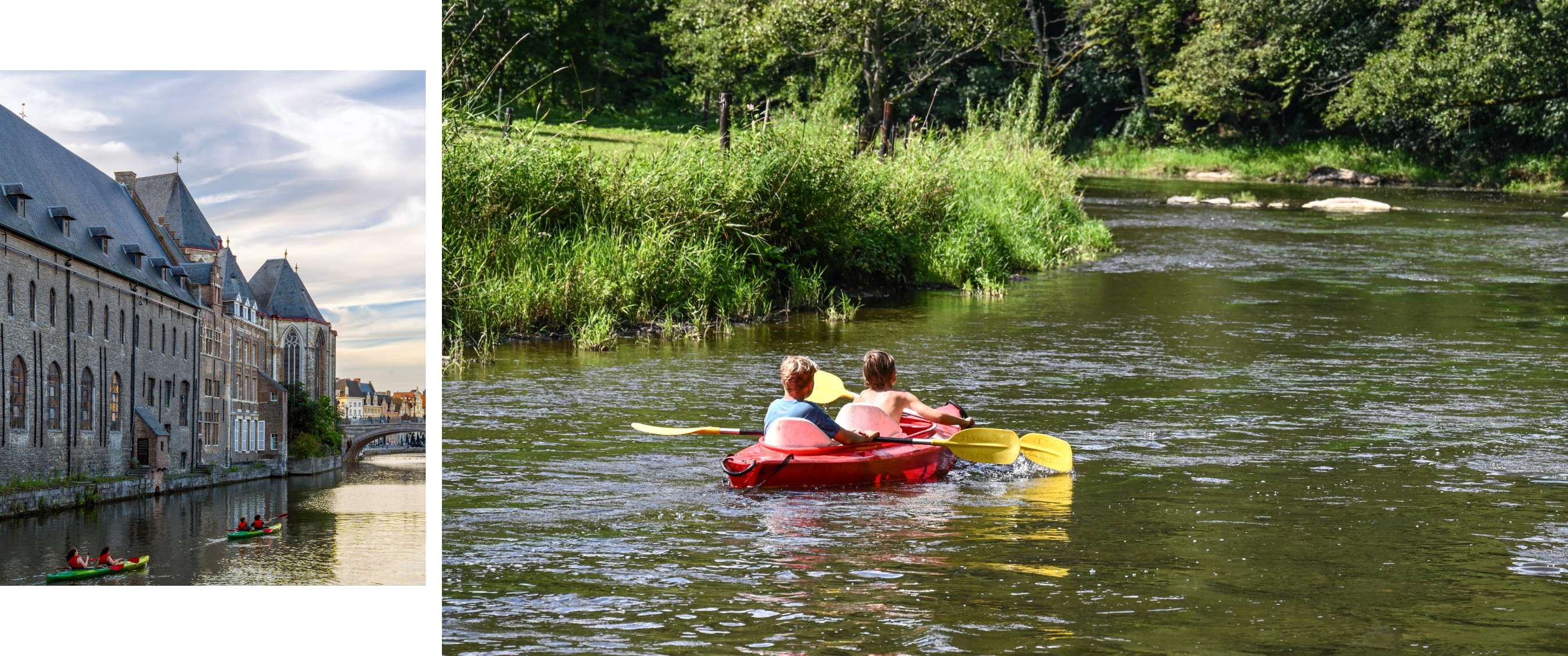 Twee beelden: kajakkers op een stadskanaal; twee personen in een rode kajak op een groene rivier.
