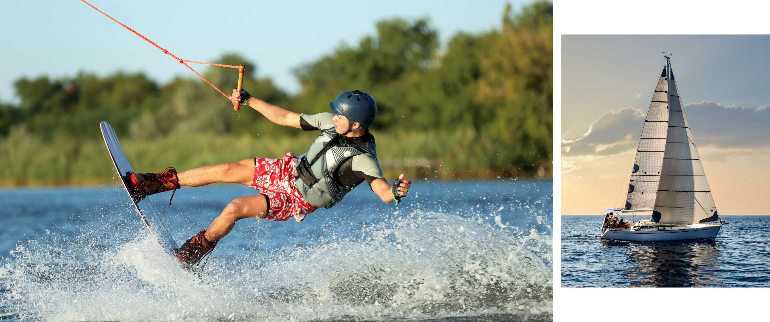 Twee beelden: een wakeboarder boven opspattend water; een zeilboot met groot wit zeil op zee.