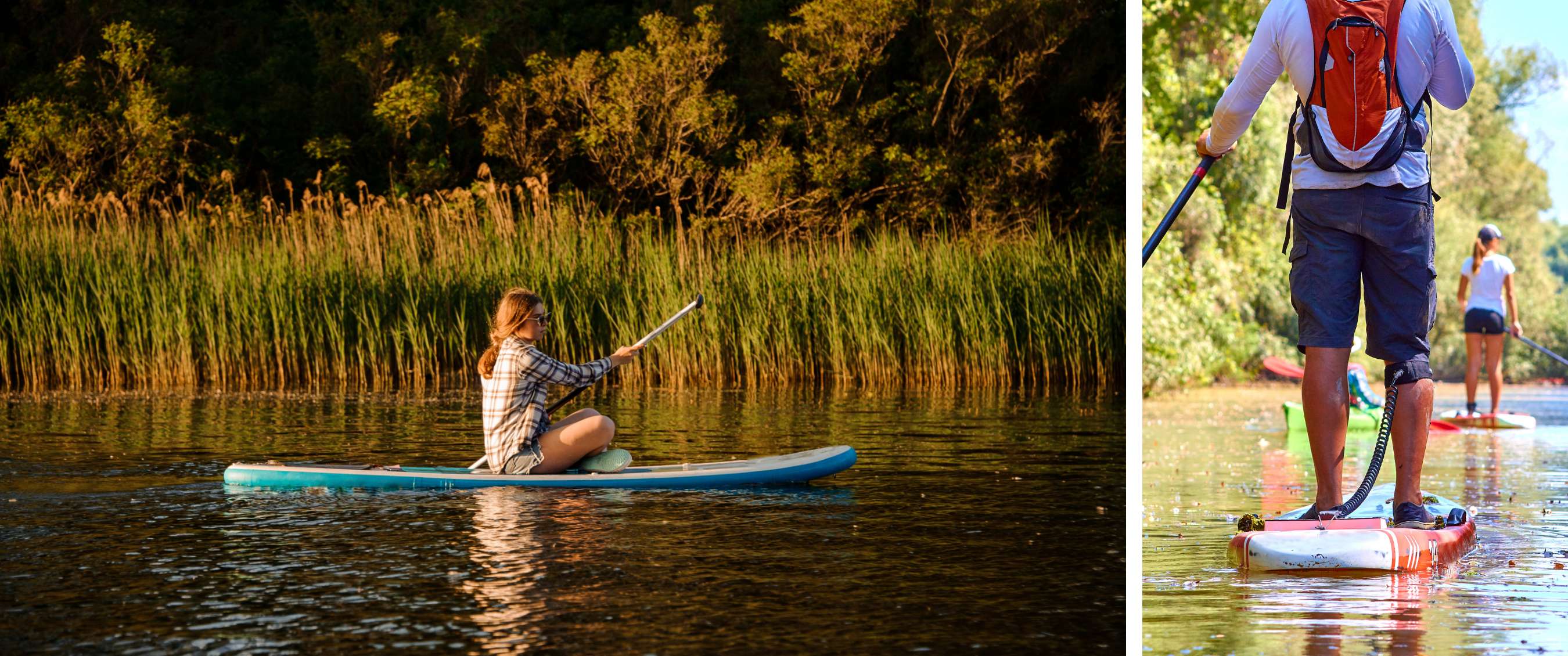 Twee beelden: een persoon zit peddelend op een SUP-board; twee personen suppen op een smalle rivier.