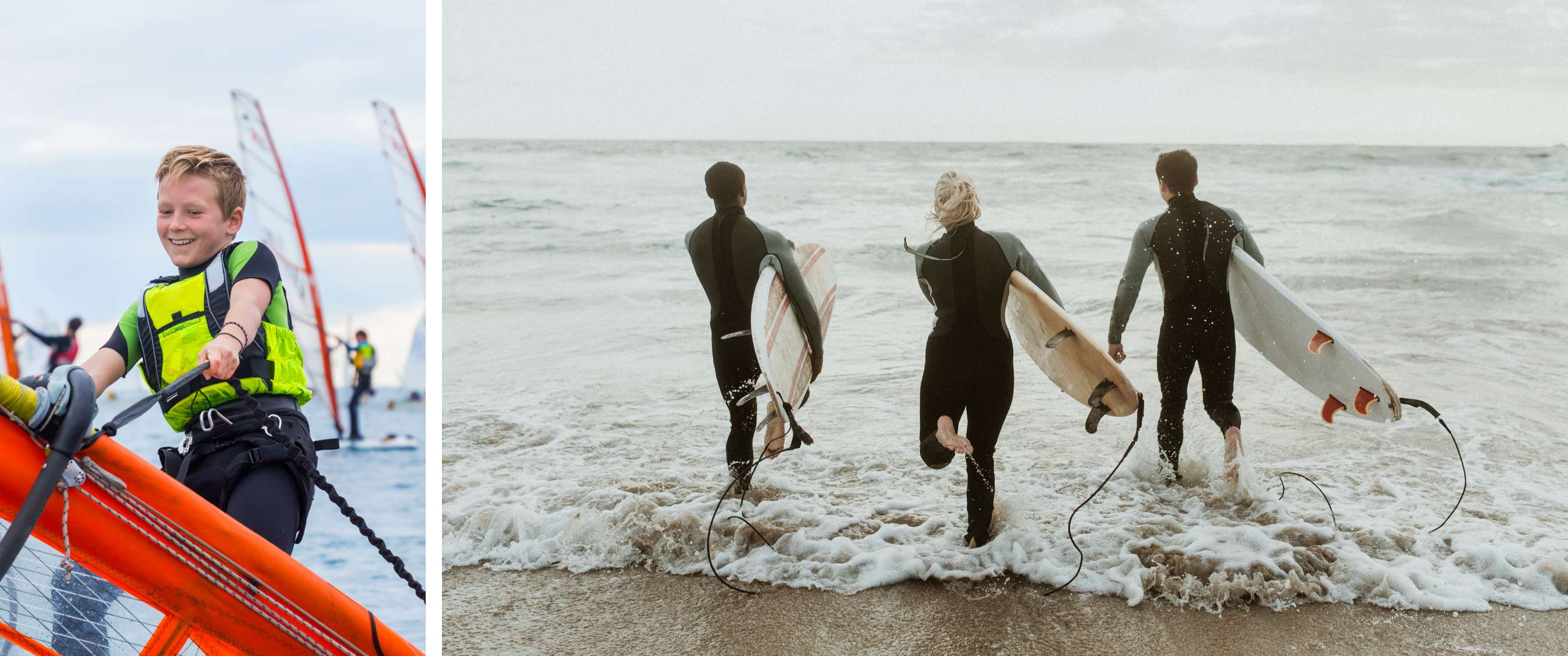 Twee beelden: een glimlachend kind op een windsurfplank; drie surfers lopen met surfplanken de zee in.