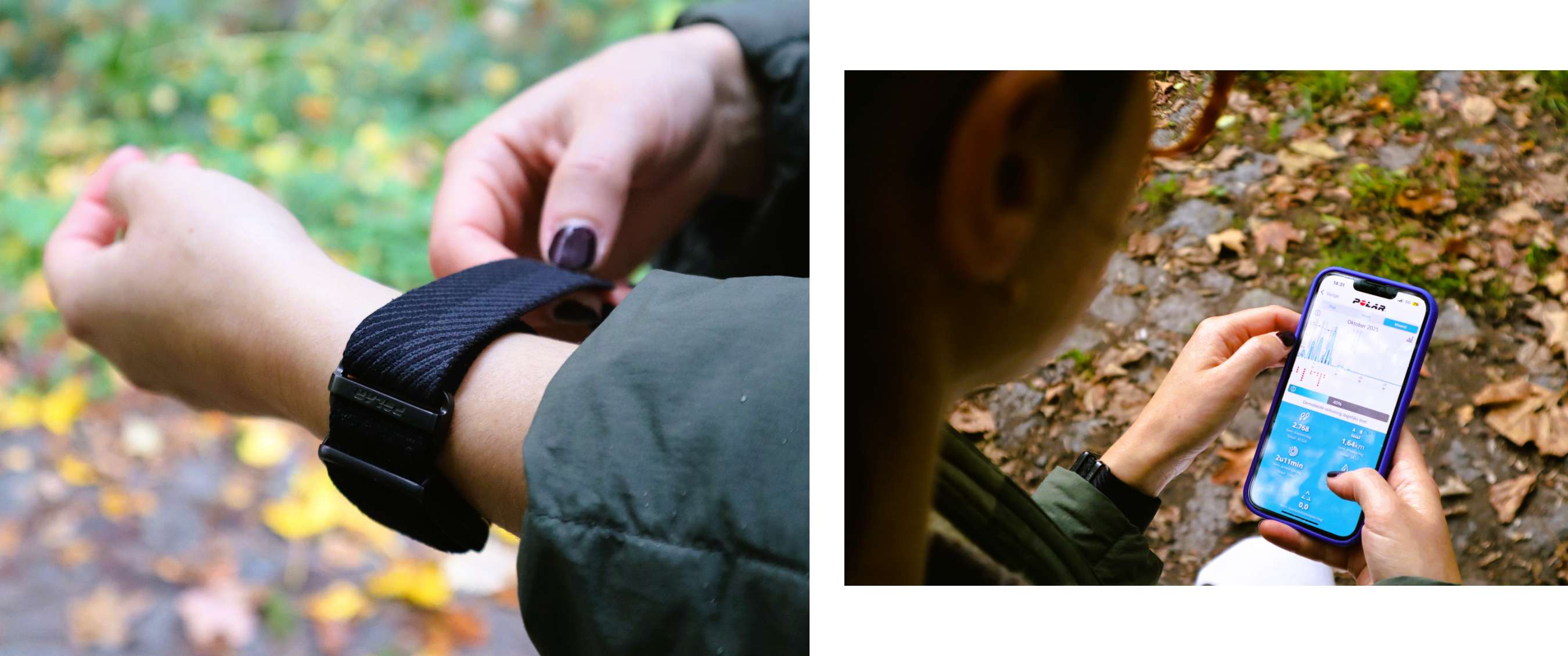 Twee beelden: Catoo doet de zwarte Polar Loop-activiteitsarmband om haar pols tijdens een herfstwandeling en controleert daarna haar activiteit in de Polar Flow-app op haar smartphone.