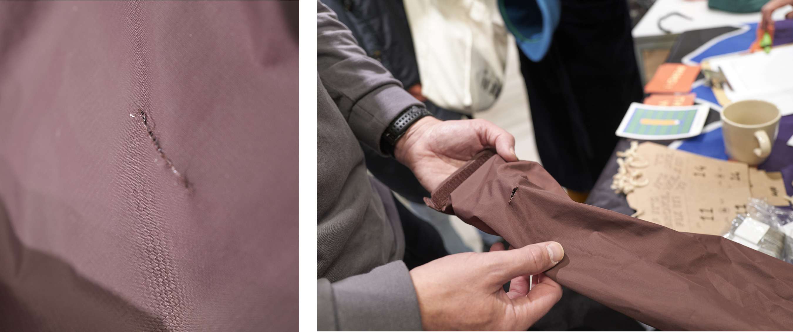 Twee beelden: close-up van een scheur in bruine stof; handen tonen een bruine stofhoes met scheur.