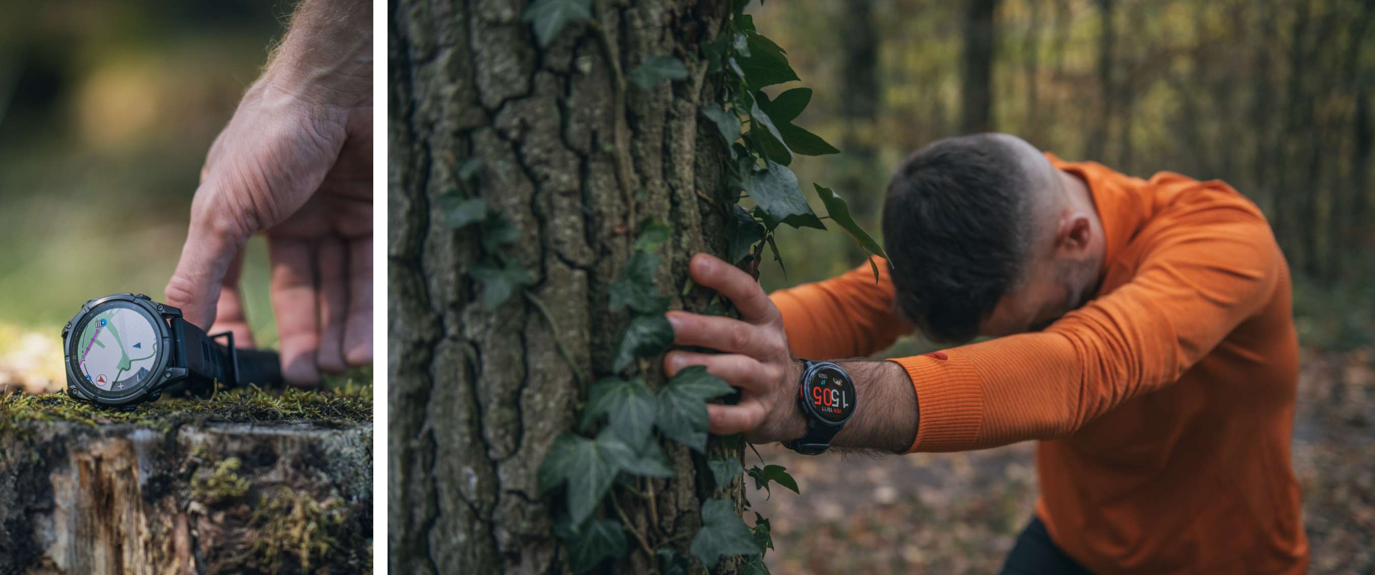 Twee beelden: hand bij smartwatch met kaartscherm op boomstronk en persoon in oranje die tegen een boom rekt.