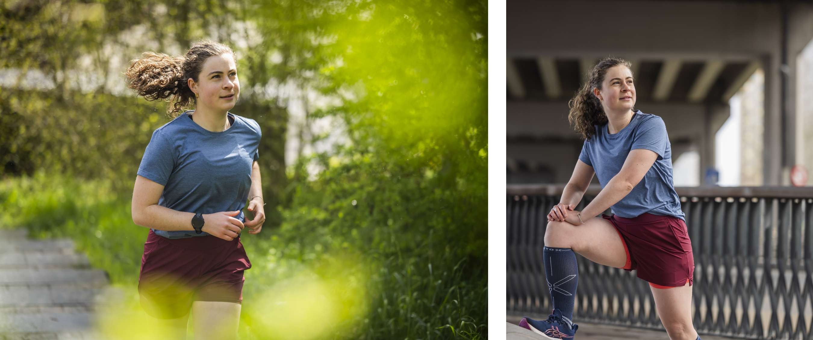 Twee beelden: vrouw rent op een groen pad; vrouw stretcht haar been op een brug in sportkleding.