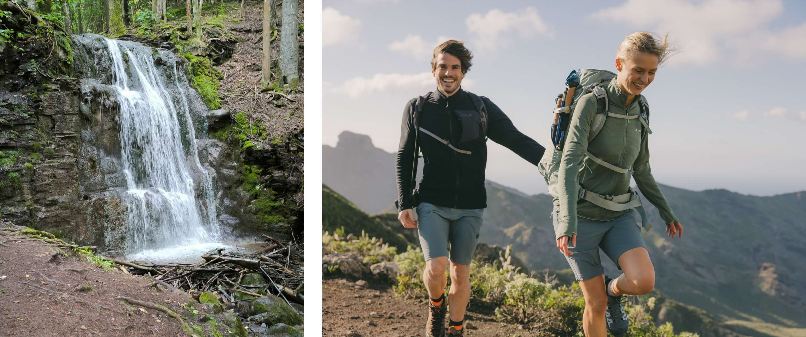 Twee beelden: waterval tussen bomen en rotsen; twee wandelaars met rugzakken op pad in berglandschap.