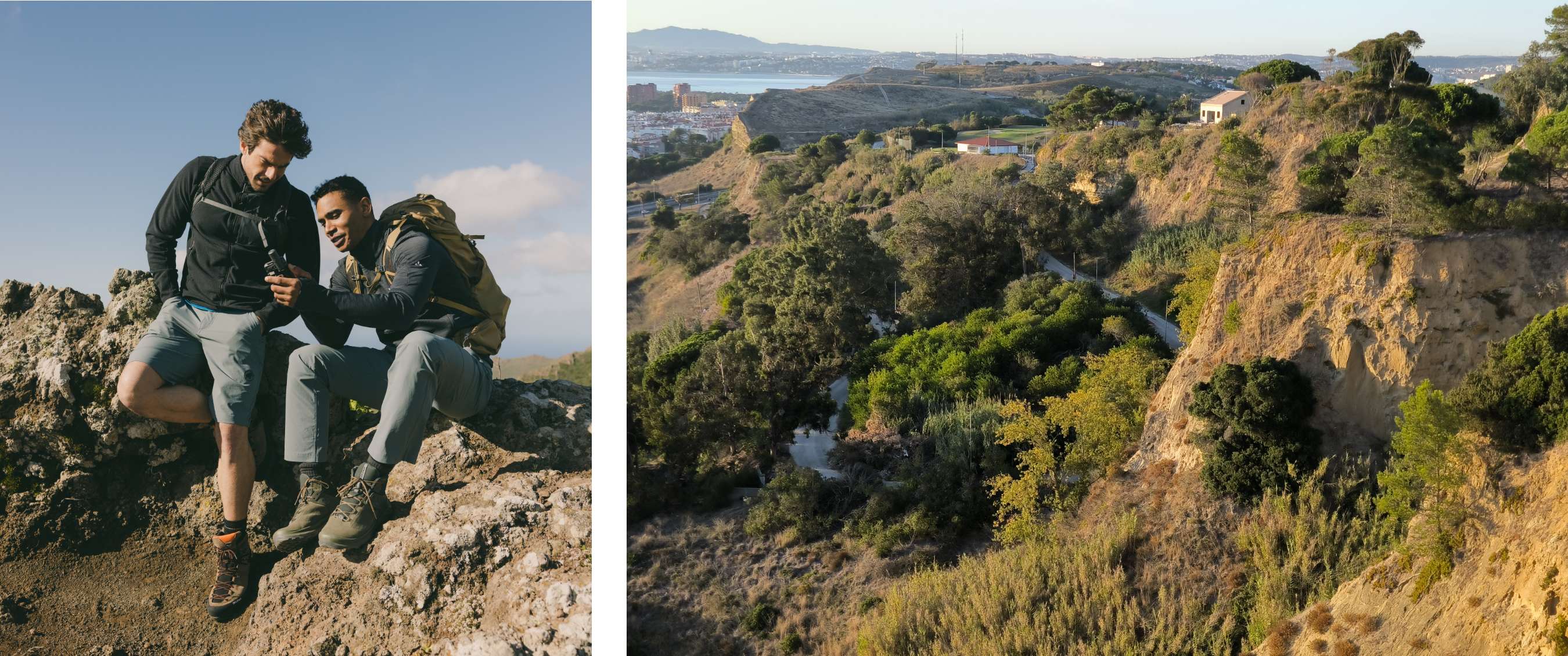 Twee beelden: twee wandelaars met rugzak bekijken toestel op rots; heuvelachtig landschap met weg en zeezicht.