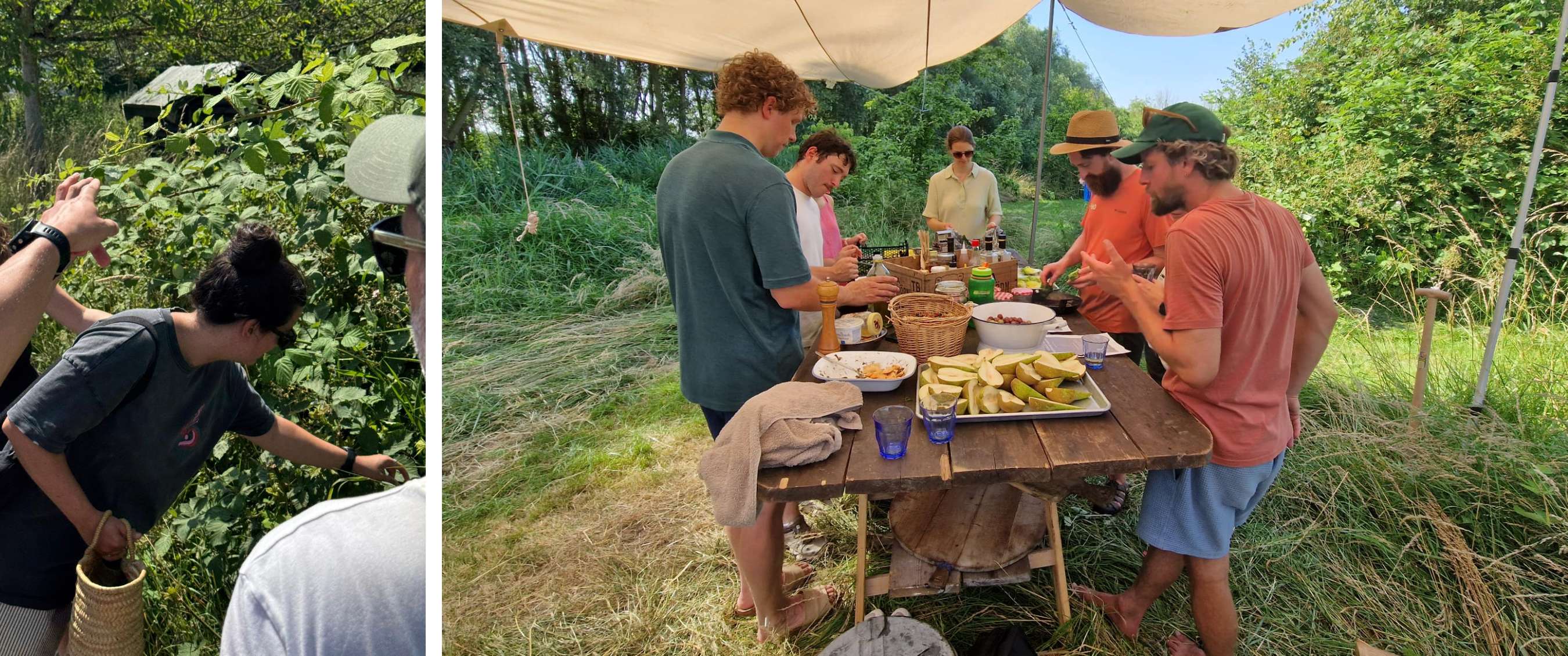 Personen bereiden samen voedsel aan een houten tafel in een groene buitenomgeving.
