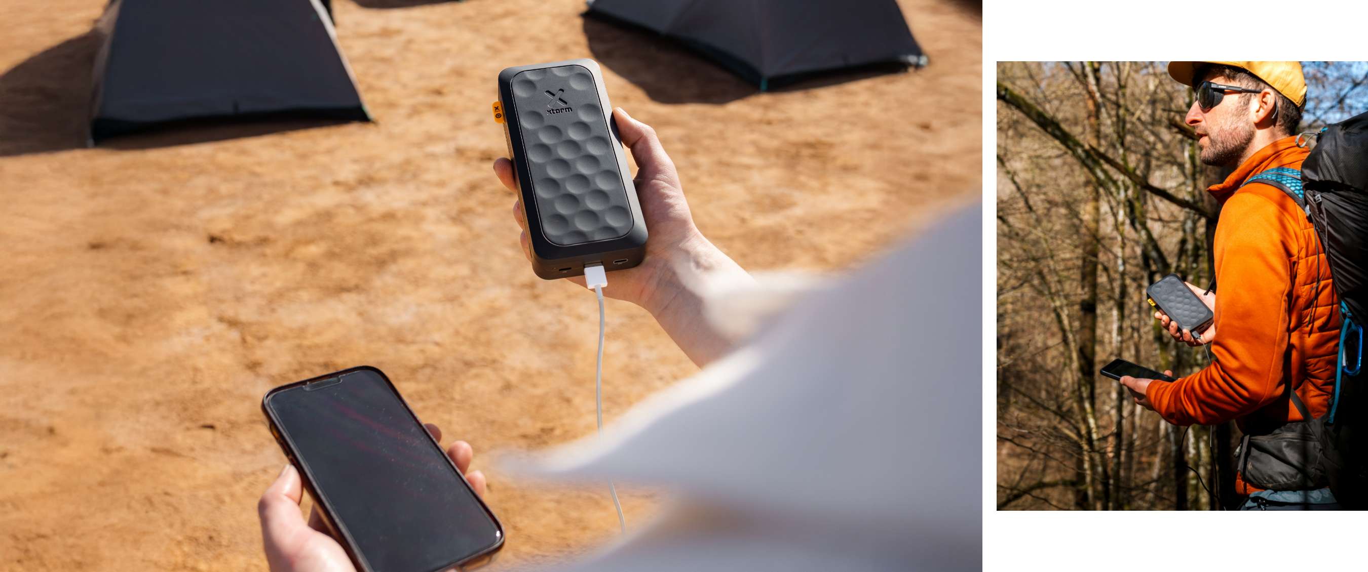 Twee beelden: Xstorm powerbank laadt telefoon op camping; wandelaar met rugzak houdt powerbank in bos.