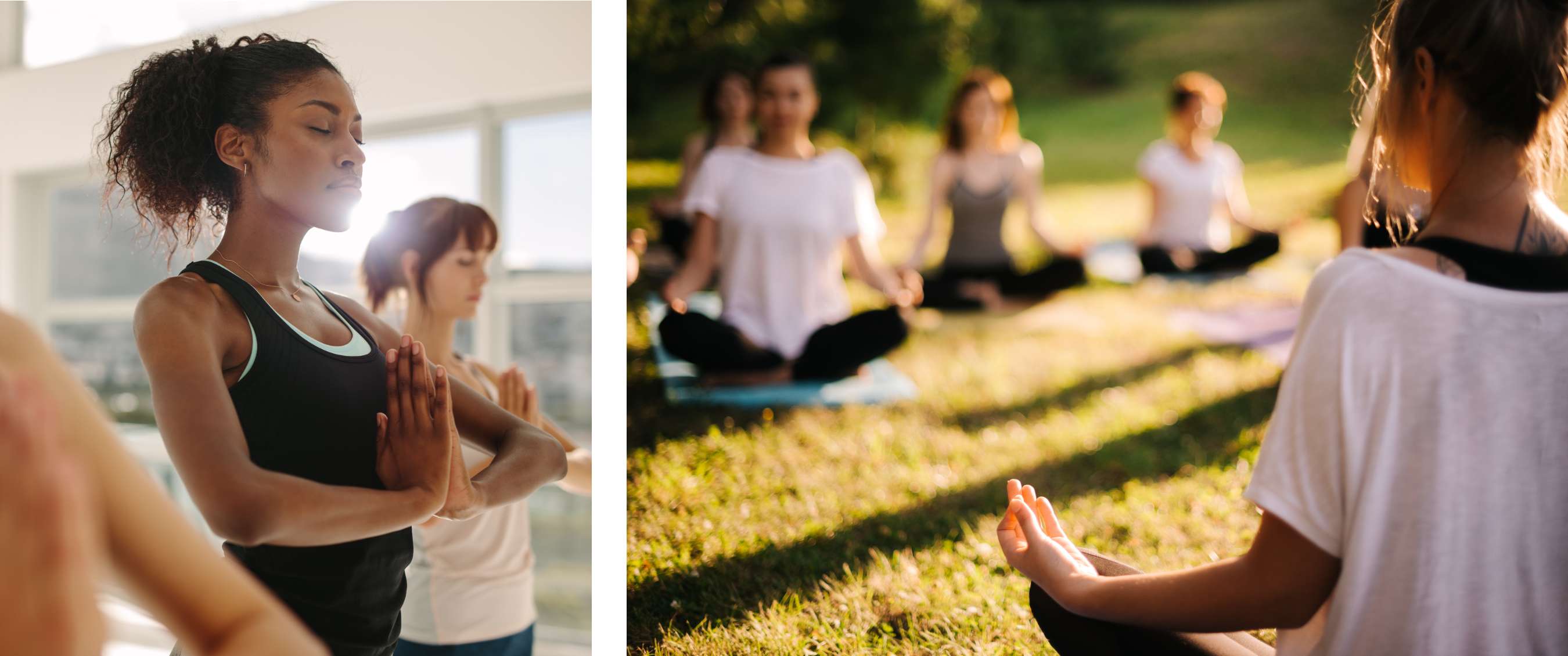 Twee beelden: deelnemer sluit de ogen tijdens een rustige yogasessie binnen; mensen mediteren buiten op matten in een park.