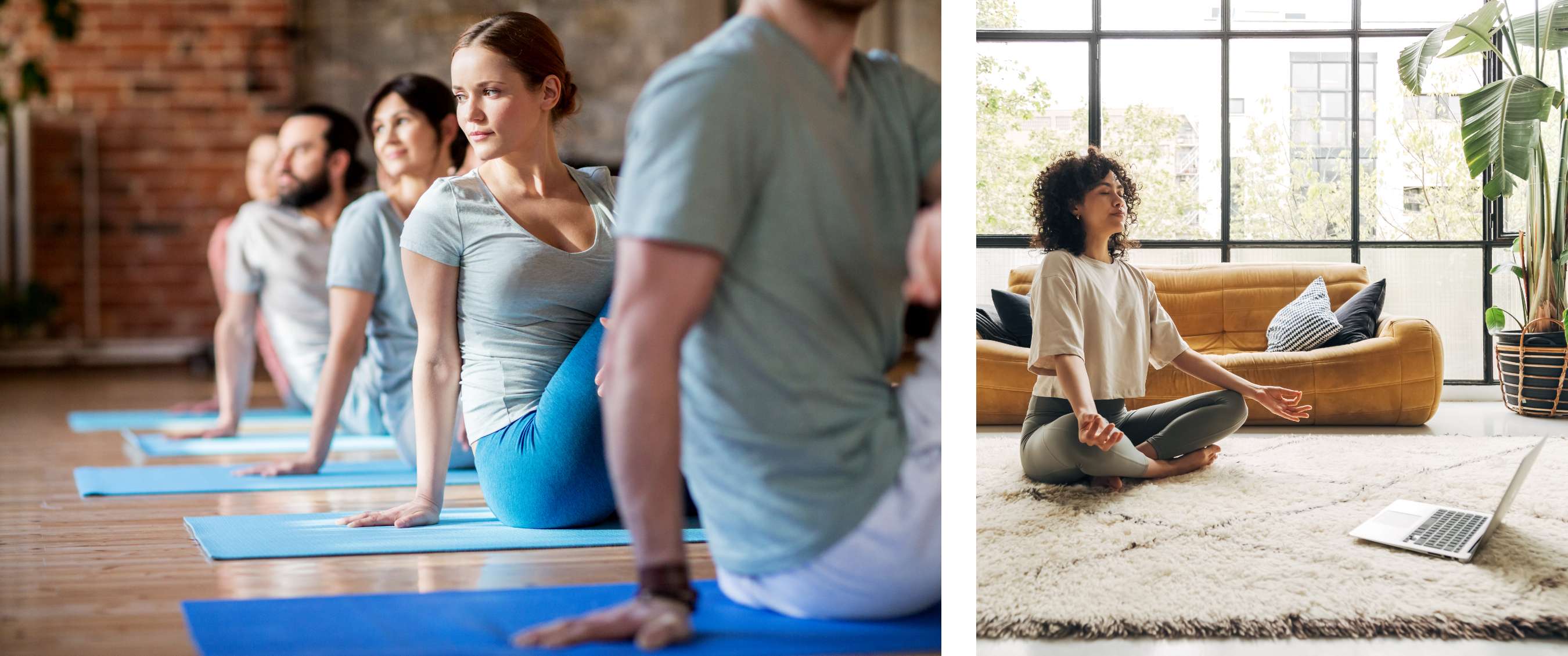 Twee beelden: yogagroep oefent in een lesruimte met houten vloer; vrouw beoefent rustige yoga of meditatie thuis voor een online sessie.