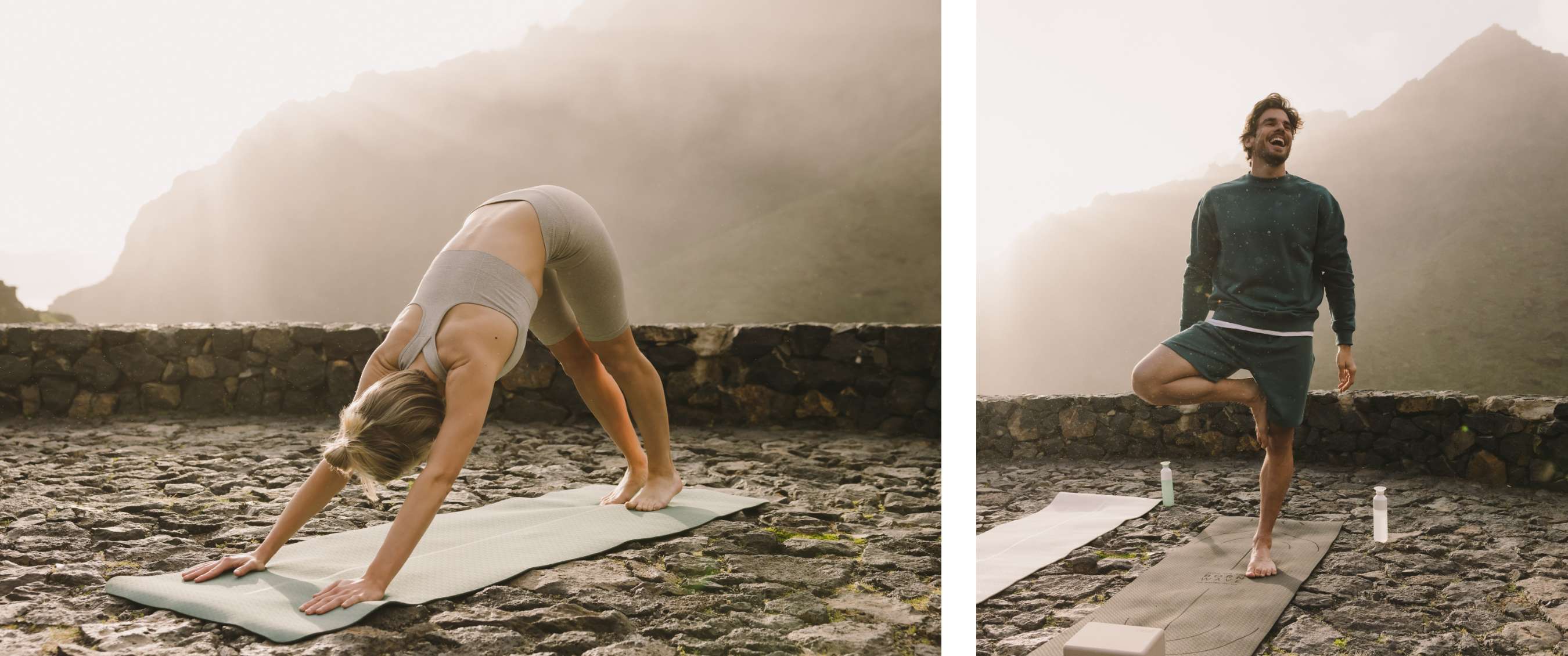 Twee beelden: vrouw in neerwaartse hond op een yogamat buiten; man balanceert glimlachend in boomhouding.
