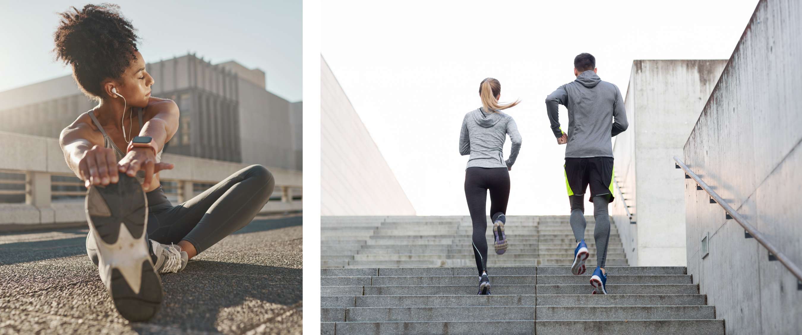 Twee beelden: Sportieve vrouw doet rekoefening met oortjes; twee personen rennen op betonnen trap.