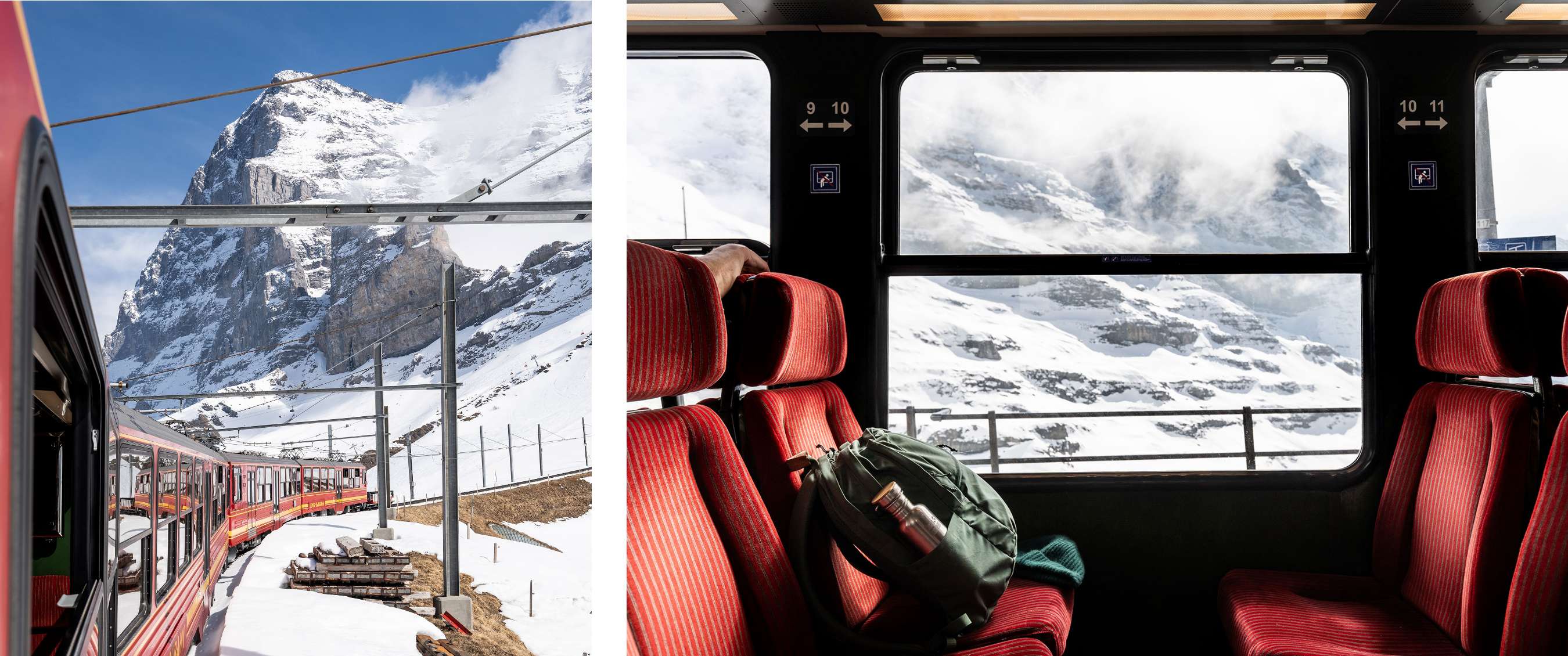 Twee beelden: Een rode bergtrein rijdt door een besneeuwd Zwitsers landschap met uitzicht op een steile bergtop. Binnen in de trein ligt een rugzak op de rode stoelen met zicht op de sneeuw.
