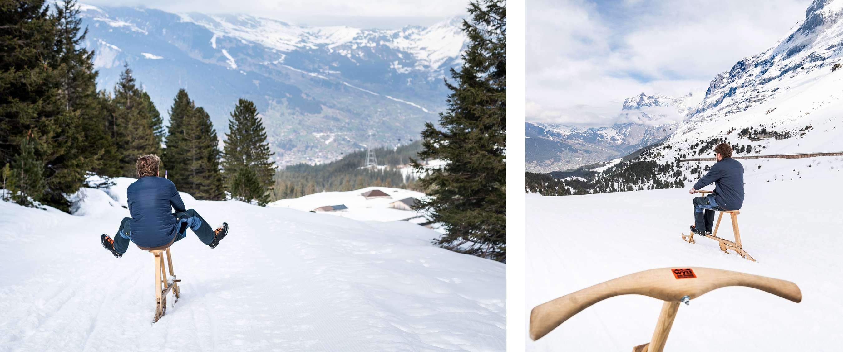 Twee beelden: Een persoon glijdt op een houten slee over een besneeuwd bergpad met dennenbomen op de achtergrond. Op het tweede beeld kijkt hij uit over de vallei met besneeuwde bergtoppen.