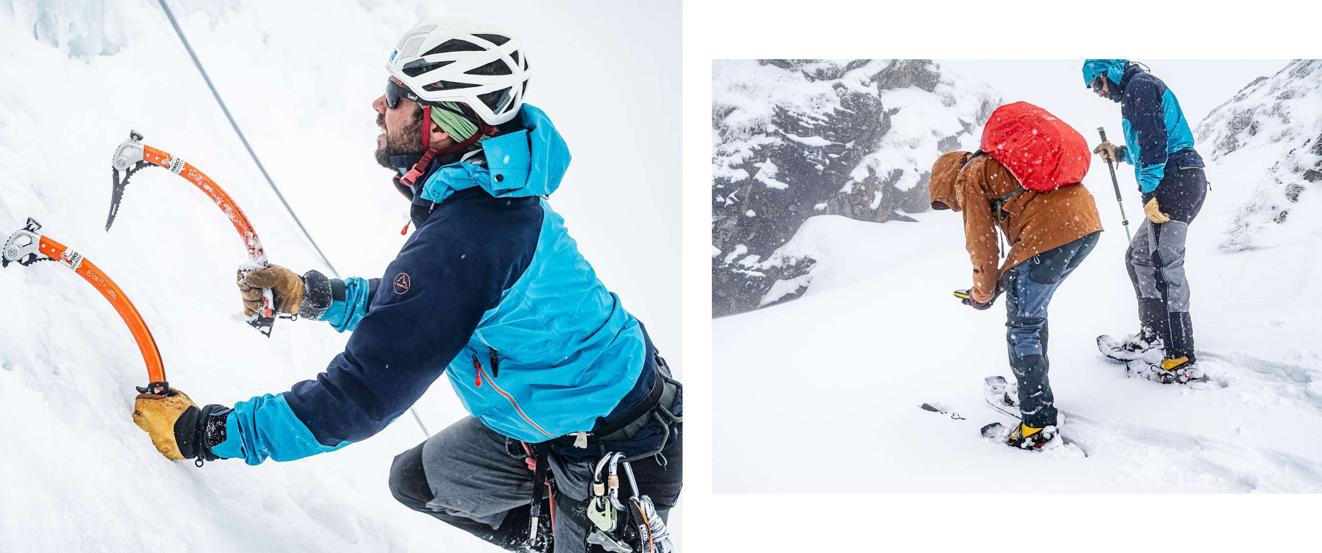 Twee beelden: close-up van een ijsbeklimmer met oranje ijsbijlen; twee personen in dikke sneeuw terwijl ze navigeren op een besneeuwd bergpad.