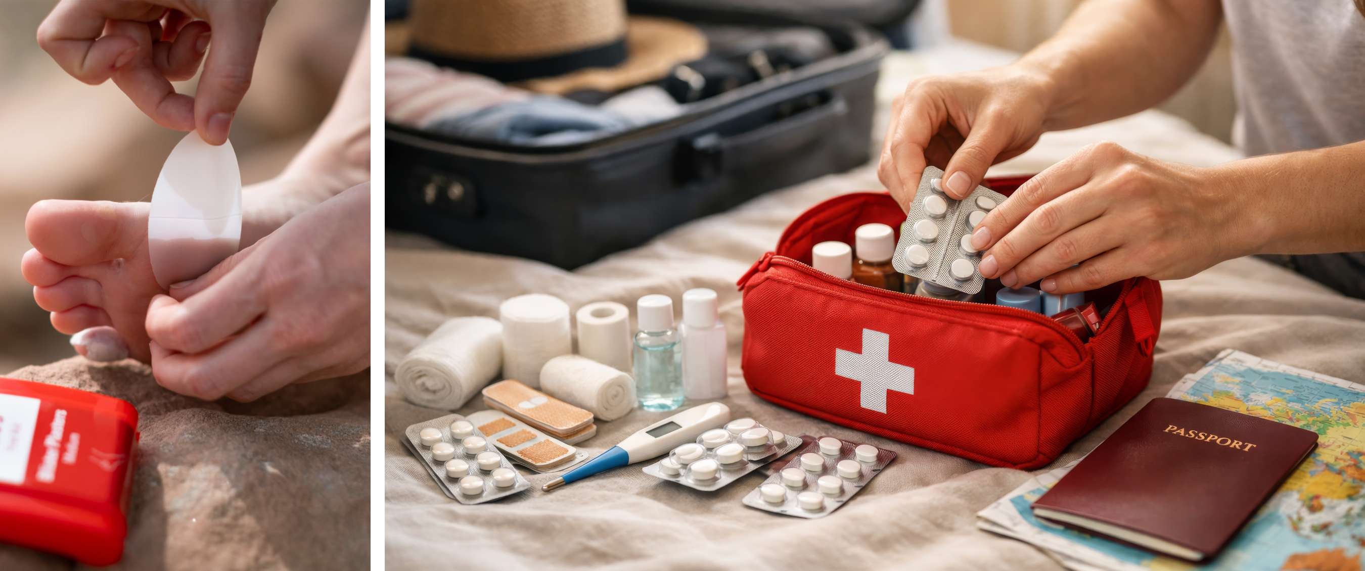 Rode EHBO-tas met tabletten, flesjes, verband en thermometer naast een open koffer en paspoort.