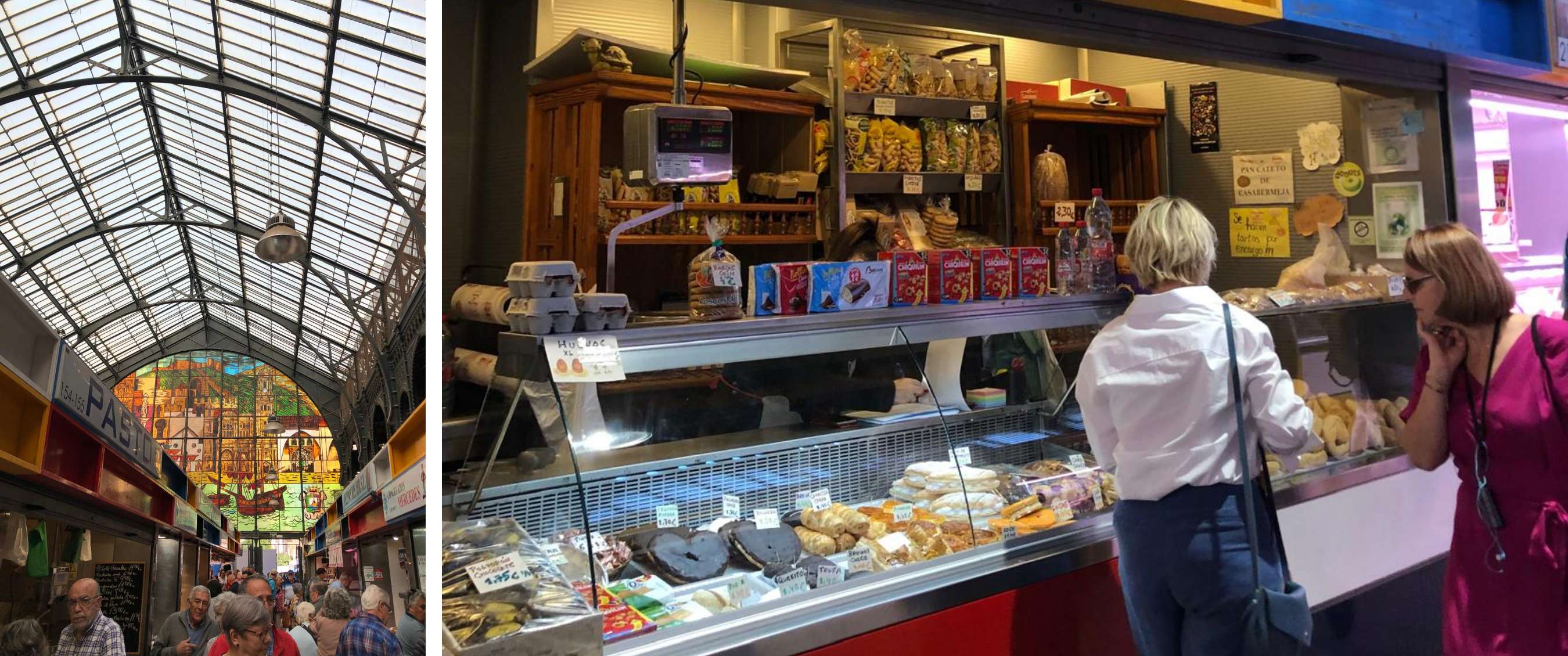 Twee beelden: markthal met glasdak; kraam met bord ‘Panadería y Confitería Ntra. Sra. del Socorro’.