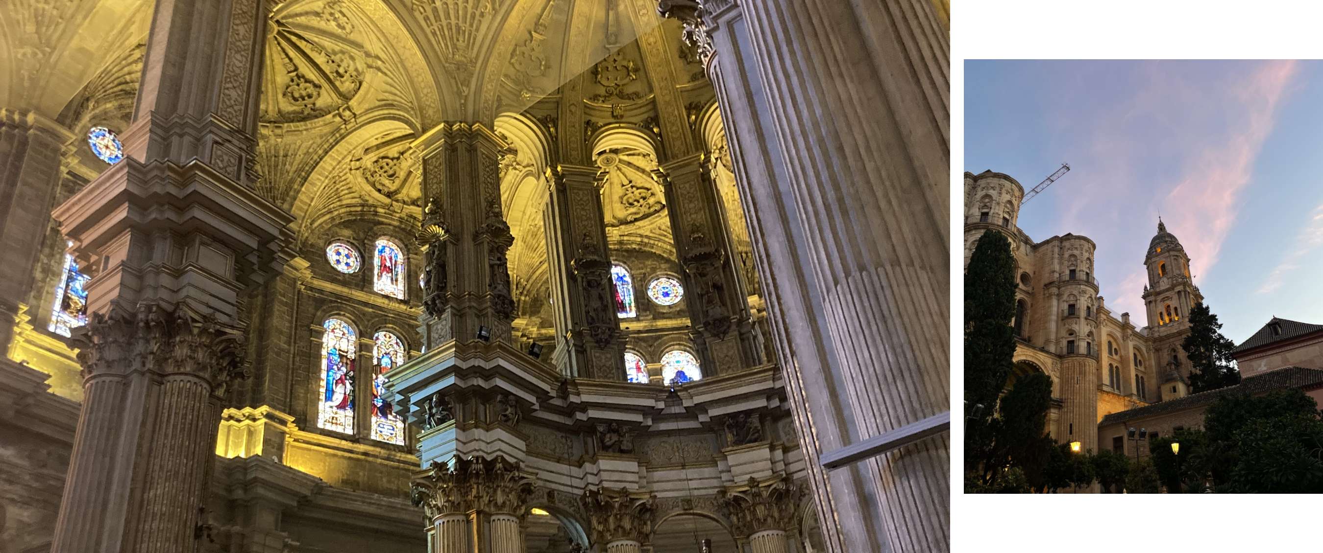 Twee beelden: rijk versierd kathedraalinterieur; kathedraaltoren van Málaga bij avondlicht.