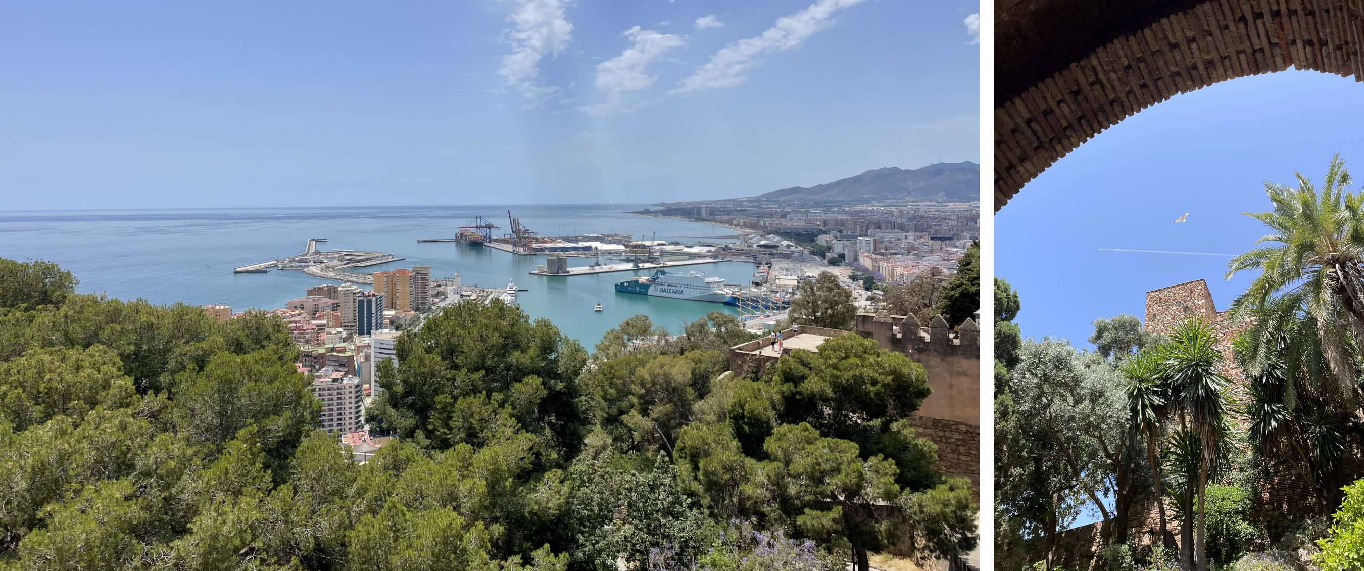 Twee beelden: uitzicht over de haven en kust van Málaga; palmbomen naast een oude vestingmuur.