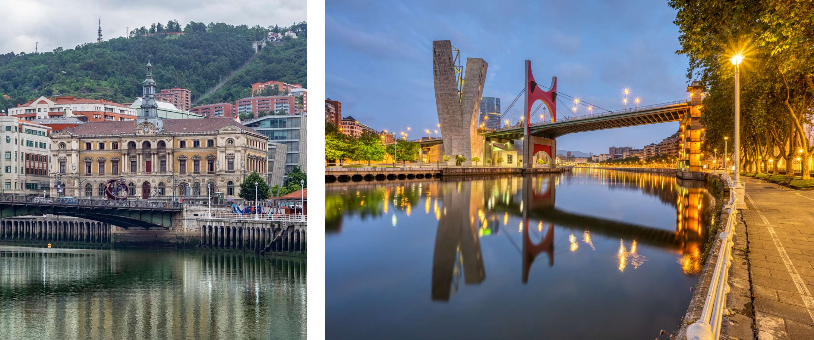 Twee beelden: een klassiek gebouw aan de rivier met heuvels op de achtergrond en een verlichte brug met moderne torens.