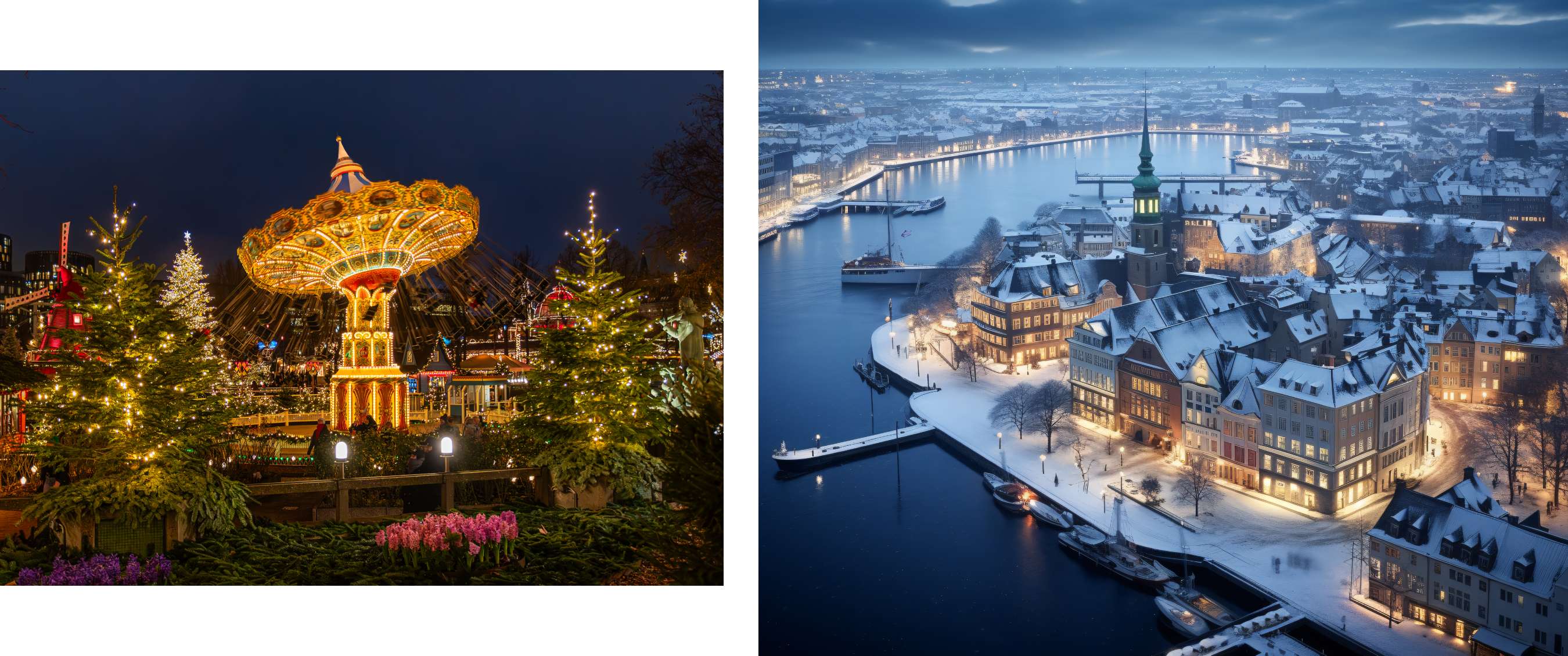 Twee beelden: draaiende attractie tussen kerstbomen en een winterse skyline met rustige haven.