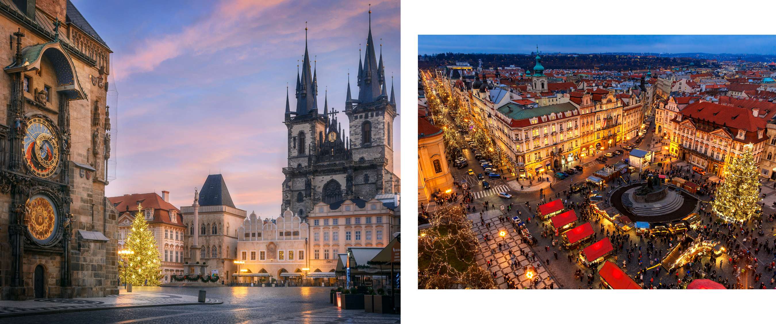 Twee beelden: een historisch plein met astronomische klok en torens bij zonsondergang en een verlicht kerstplein van bovenaf.