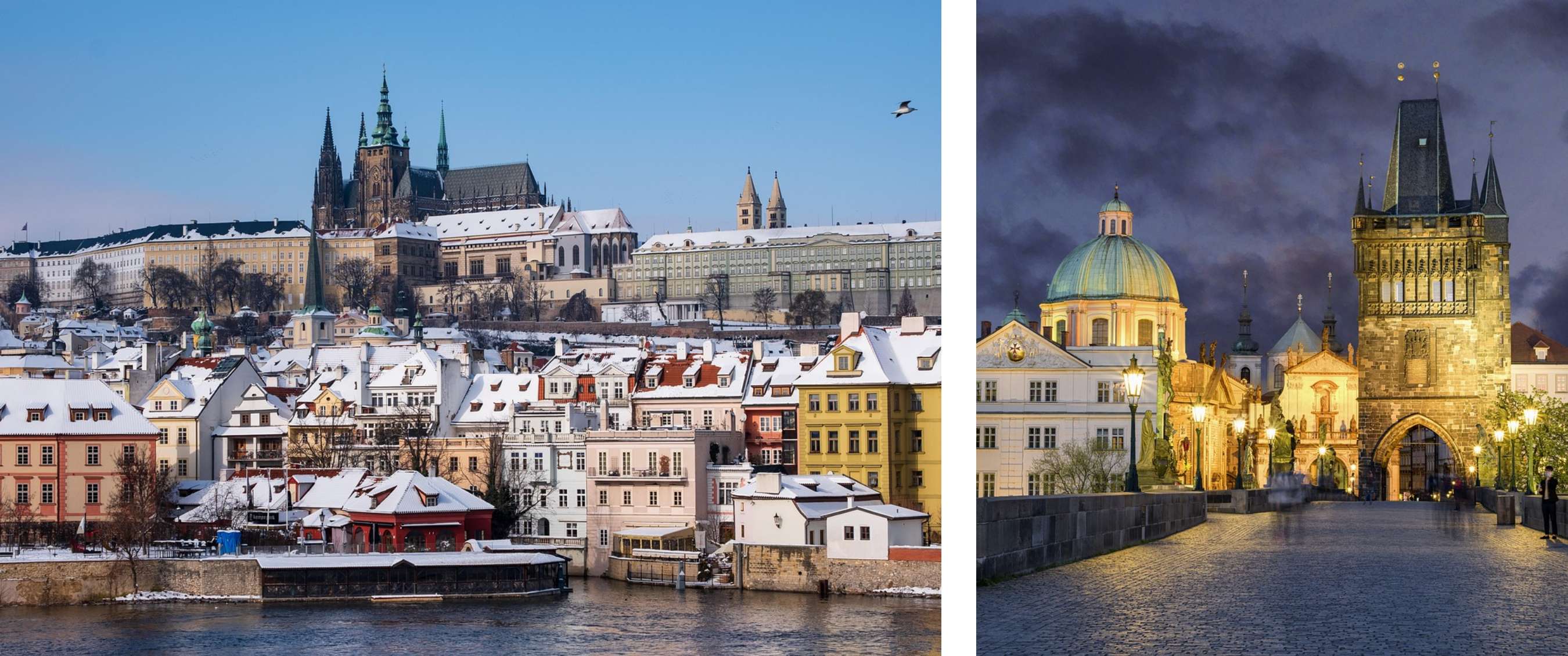 Twee beelden: een besneeuwd stadsdeel met kasteelcomplex en een verlichte brug in de avond.