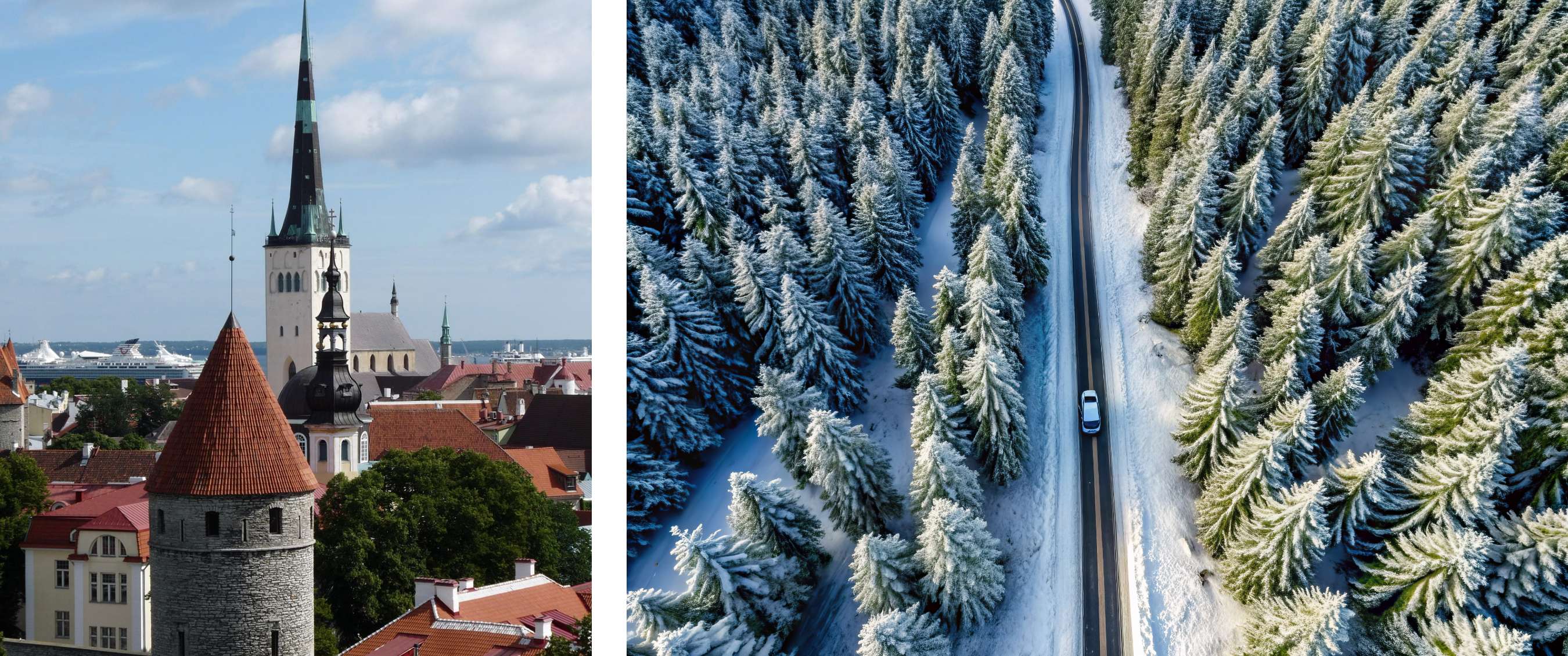 Twee beelden: een skyline met torens en rode daken en een winterse weg door een dicht besneeuwd bos.
