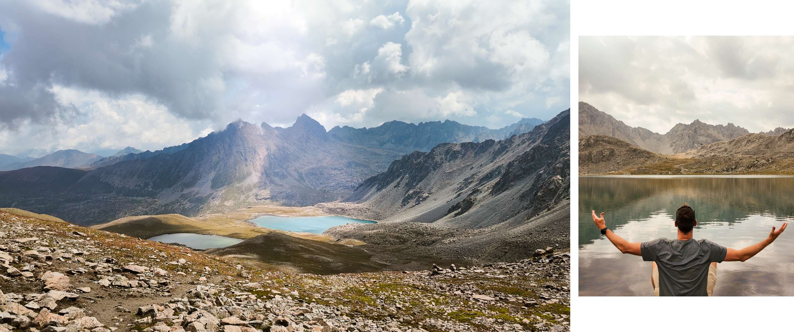 Twee beelden: berglandschap met meren; persoon zit met open armen aan een bergmeer.