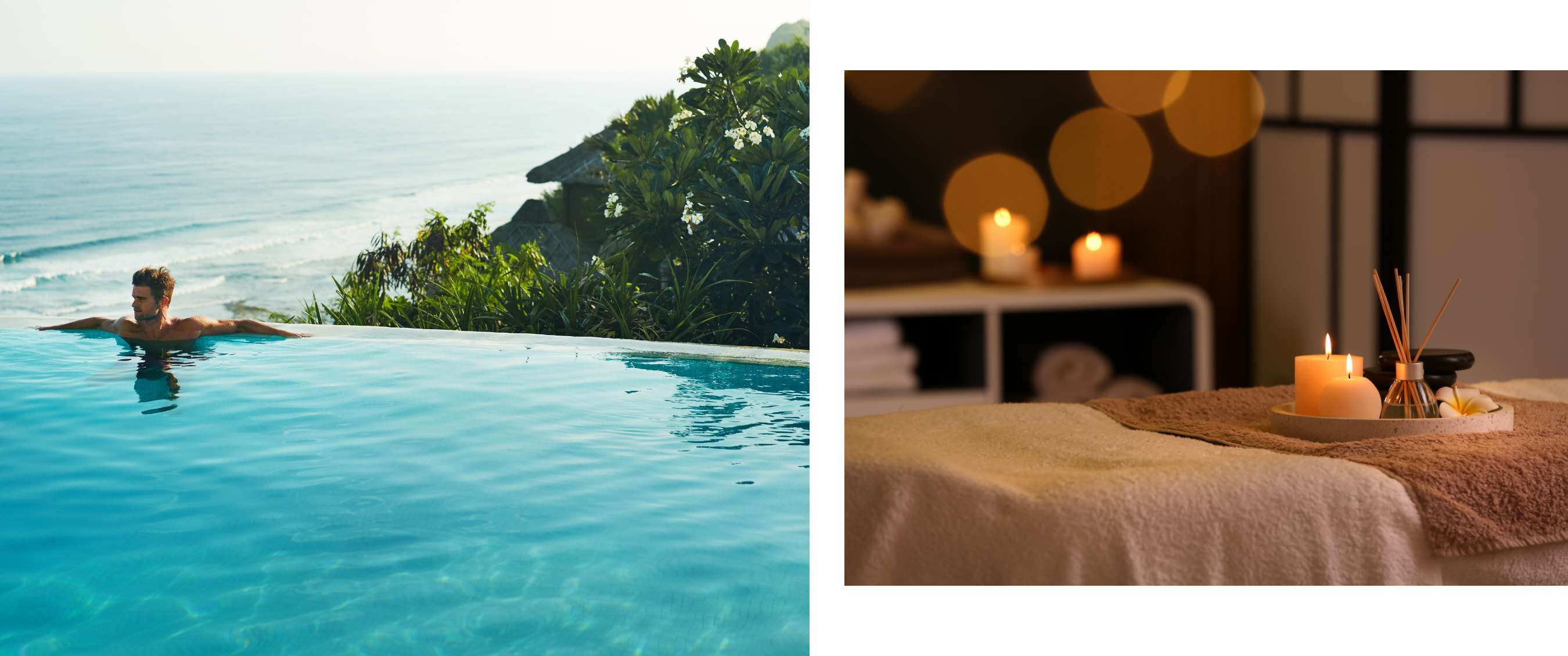Twee beelden: Man rust in infinitypool met uitzicht op oceaan; wellnessruimte met kaarsen en handdoeken.