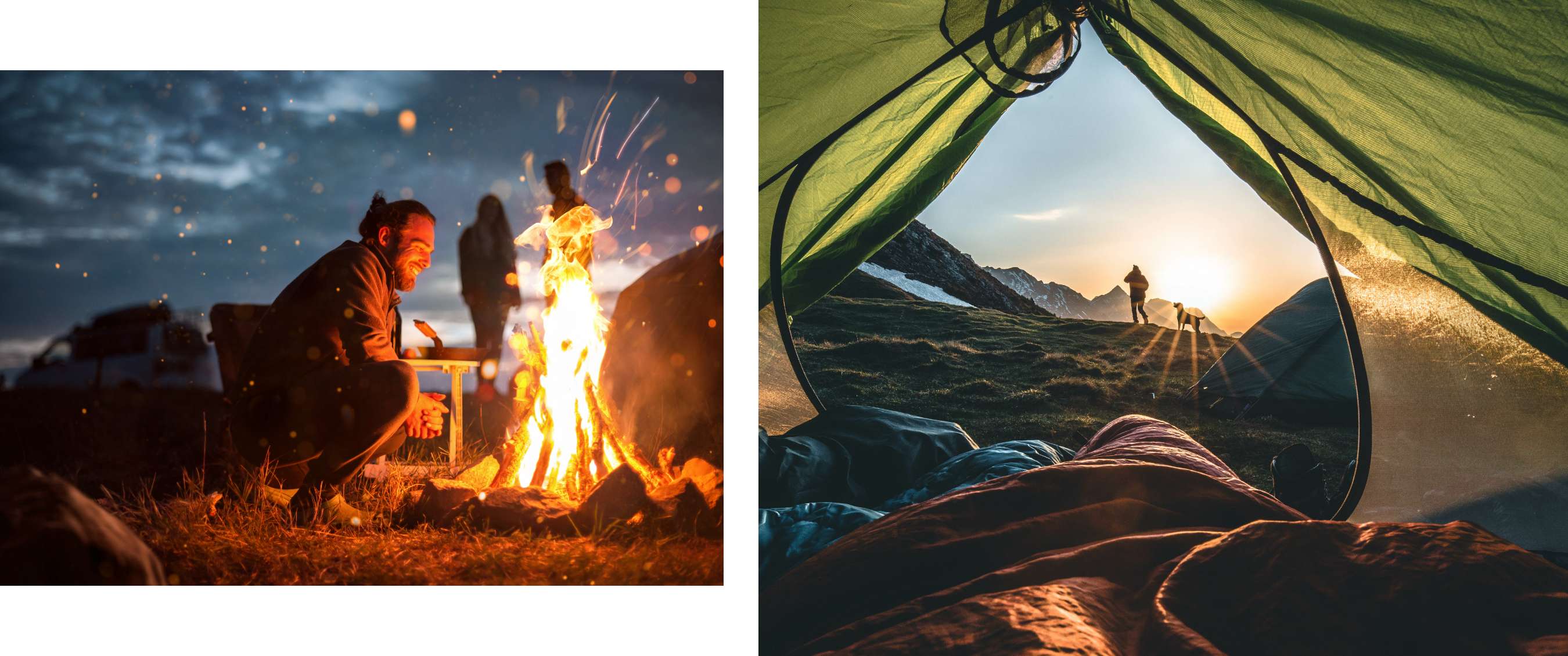 Twee beelden: Mensen rond een kampvuur in de avond; zonsopkomst gezien vanuit een tentopening.