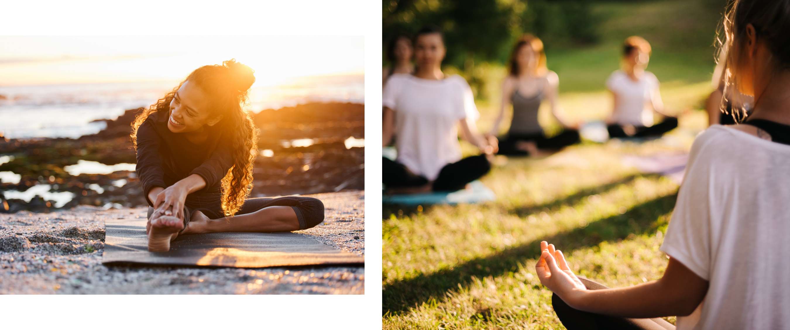 Twee beelden: Vrouw doet stretchoefening op strand; groep mensen mediteert op grasveld.
