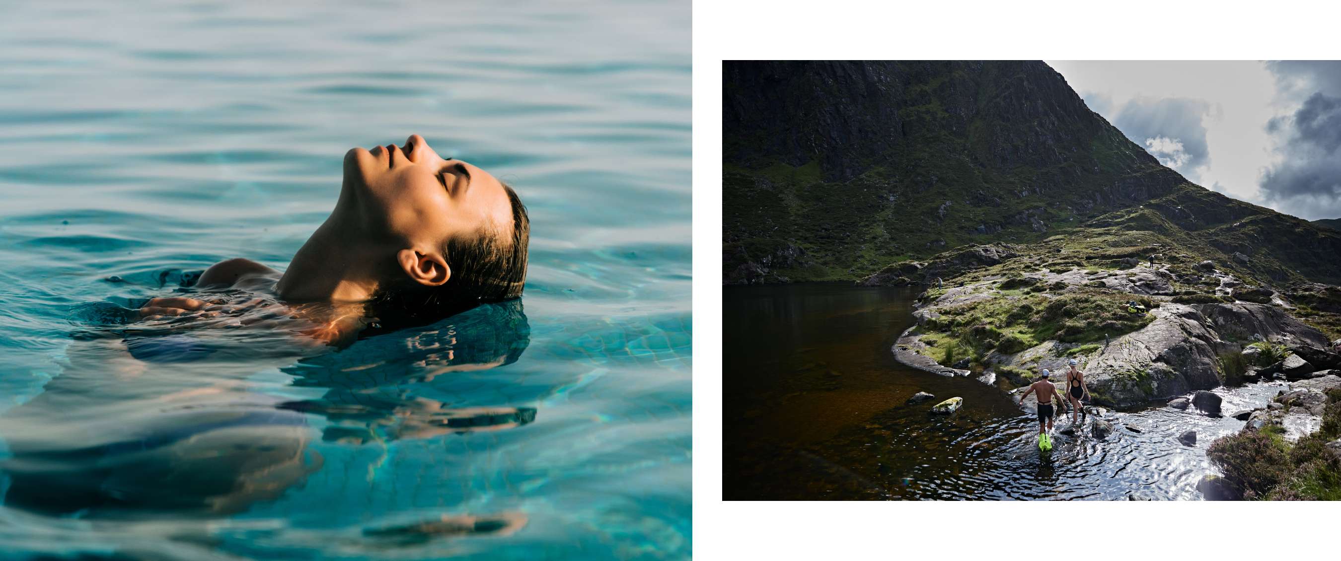 Twee beelden: Vrouw drijft ontspannen in helder water; twee personen lopen door bergmeer.