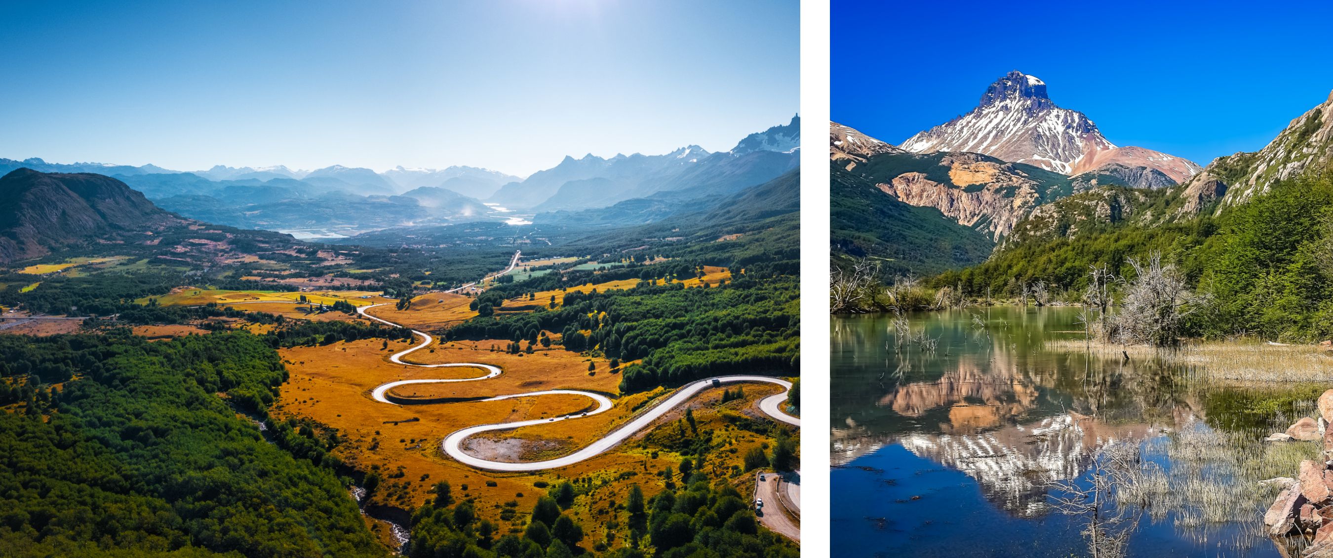beeld links: panoramisch uitzicht op vallei met bochtige weg tussen heuvels; beeld rechts: meer met spiegeling van besneeuwde berg en bos.