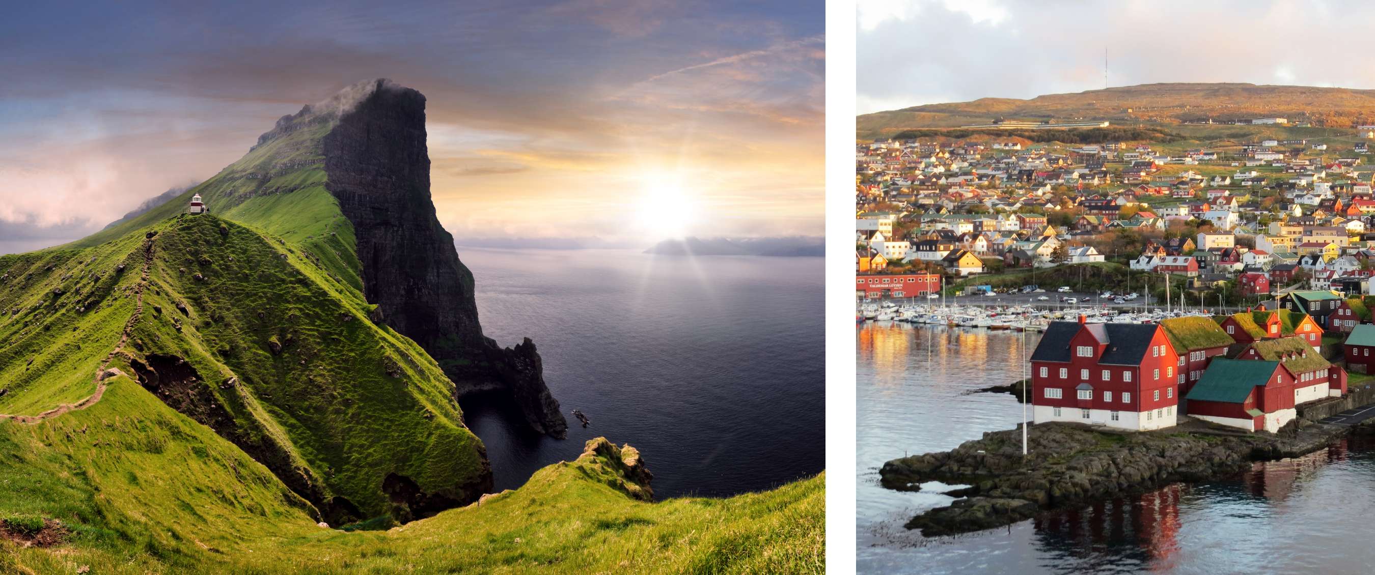 Twee beelden: steile groene klif aan zee met klein wit vuurtorentje; kleurrijk kustdorp met haven aan het water.